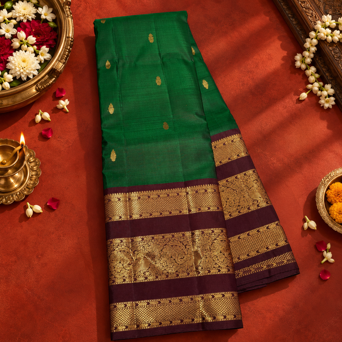 Green Colour Vintage Saree with Brown Border & Gold Zari