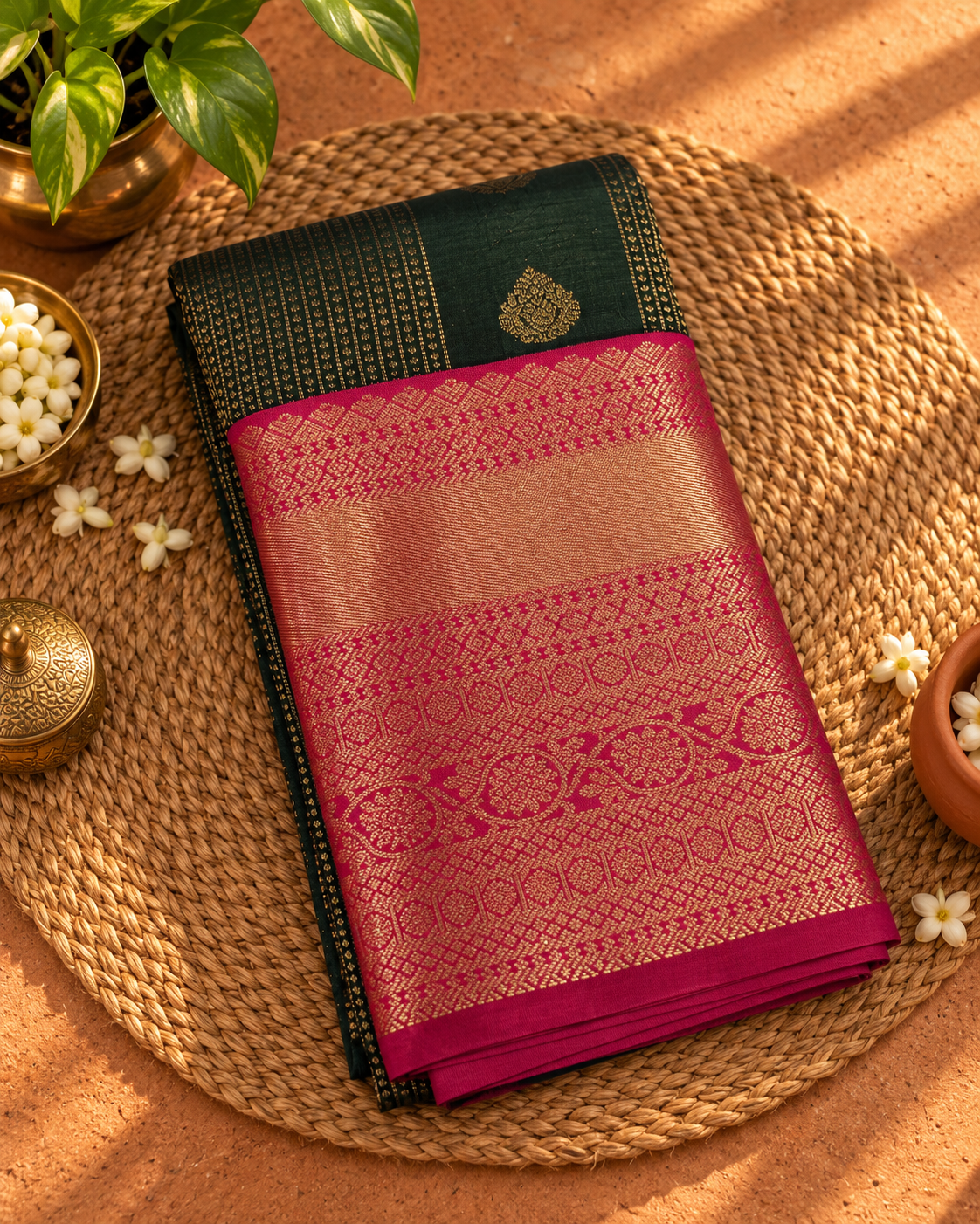 Bottle Green Colour Semi Silk Saree with Magenta Pink Border