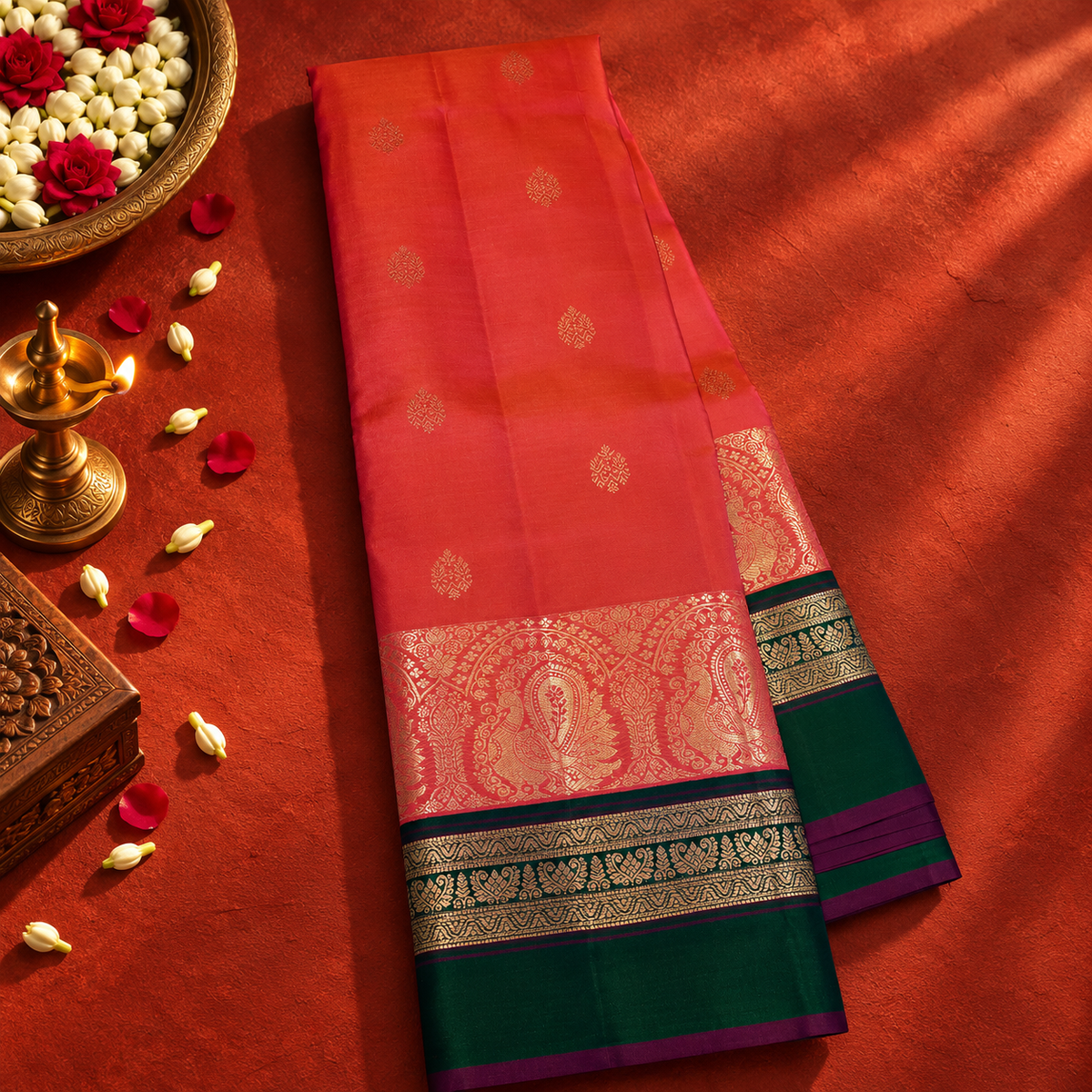 Coral Pink Colour Leela Verse Kanchipuram Silk Saree with Dark Green Contrast NSSL09
