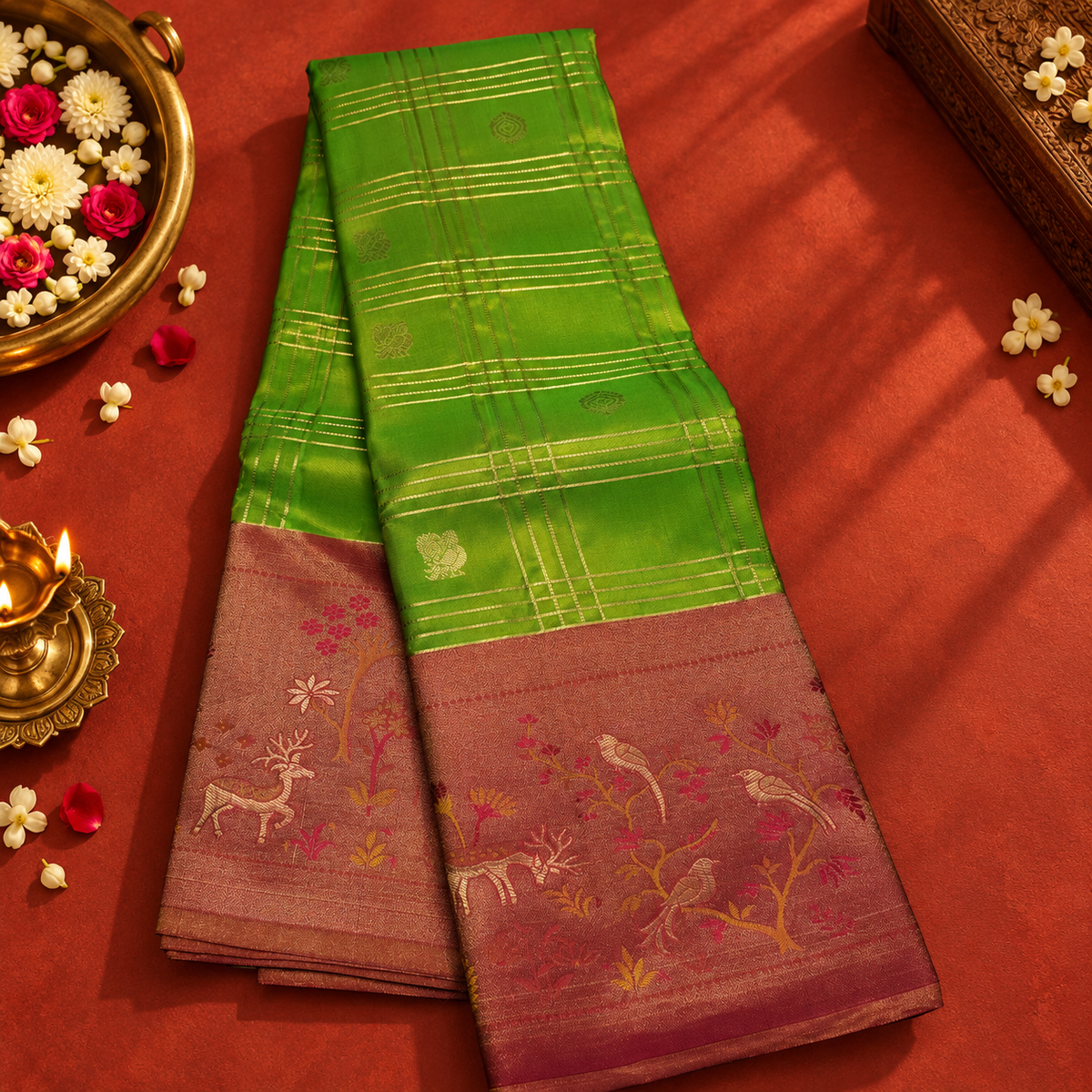 Light Green Colour Saree with Pink Fancy Border