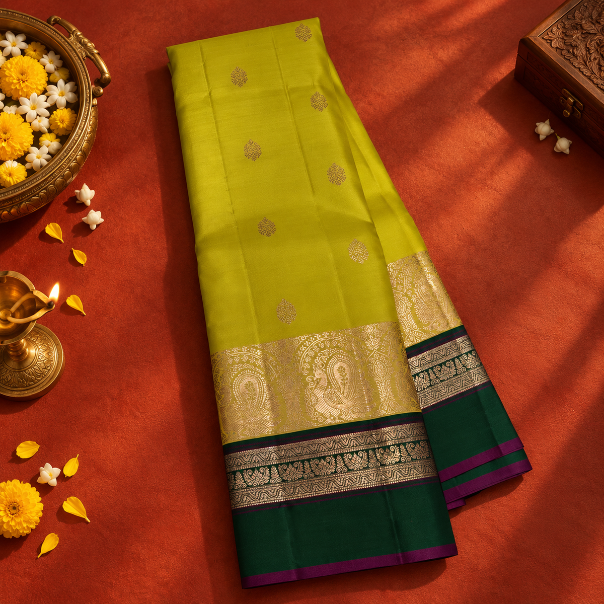 Lime Green Colour Leela Verse Pure Kanchipuram Silk Saree with Dark Green Contrast NSSL08