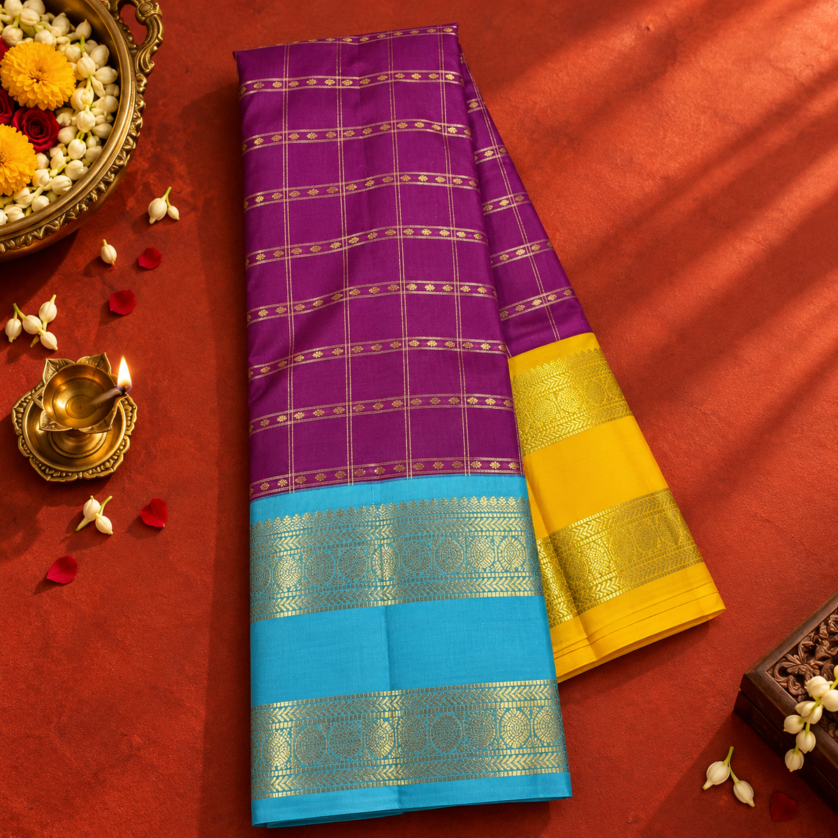 Purple Colour Ganga Jamuna Saree with Blue & Yellow Border