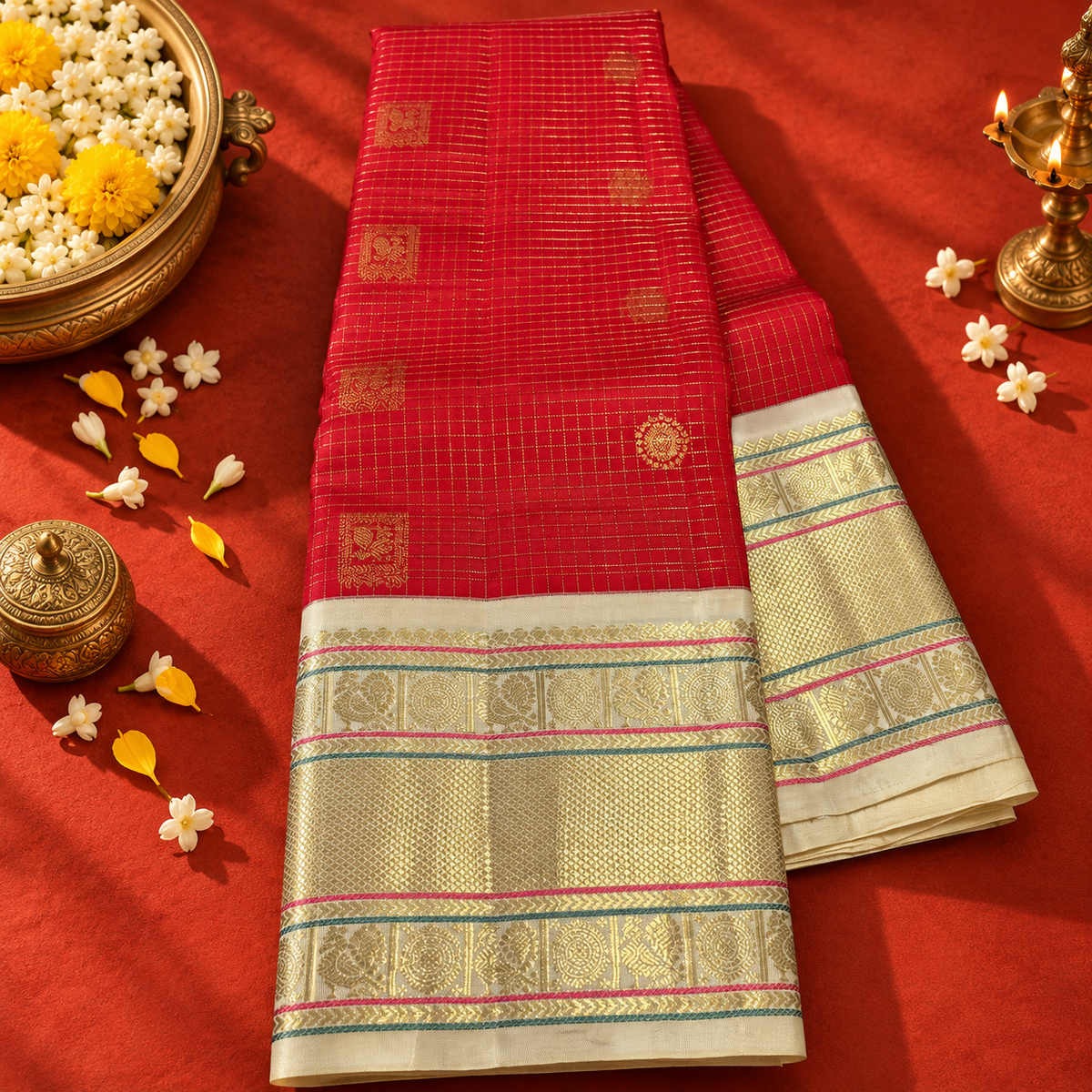 Red Colour Festive Saree with White Traditional Border