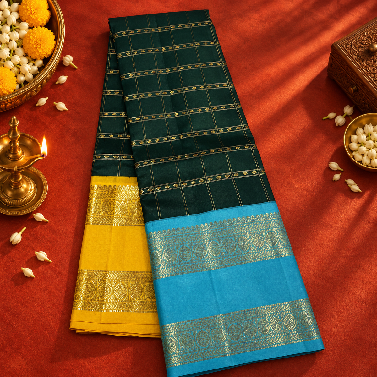 Bottle Green Colour Ganga Jamuna Saree with Sky Blue & Yellow Border