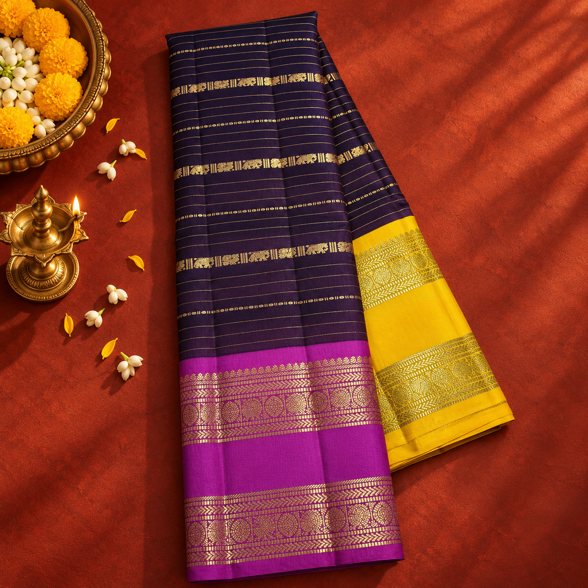 Navy Blue Colour Ganga Jamuna Saree with Lavender & Yellow Border