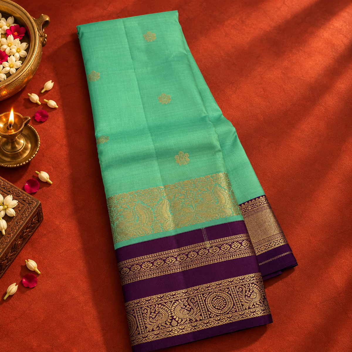 Pista Green Colour Saree with Purple Border Pure Kanchipuram Silk Saree
