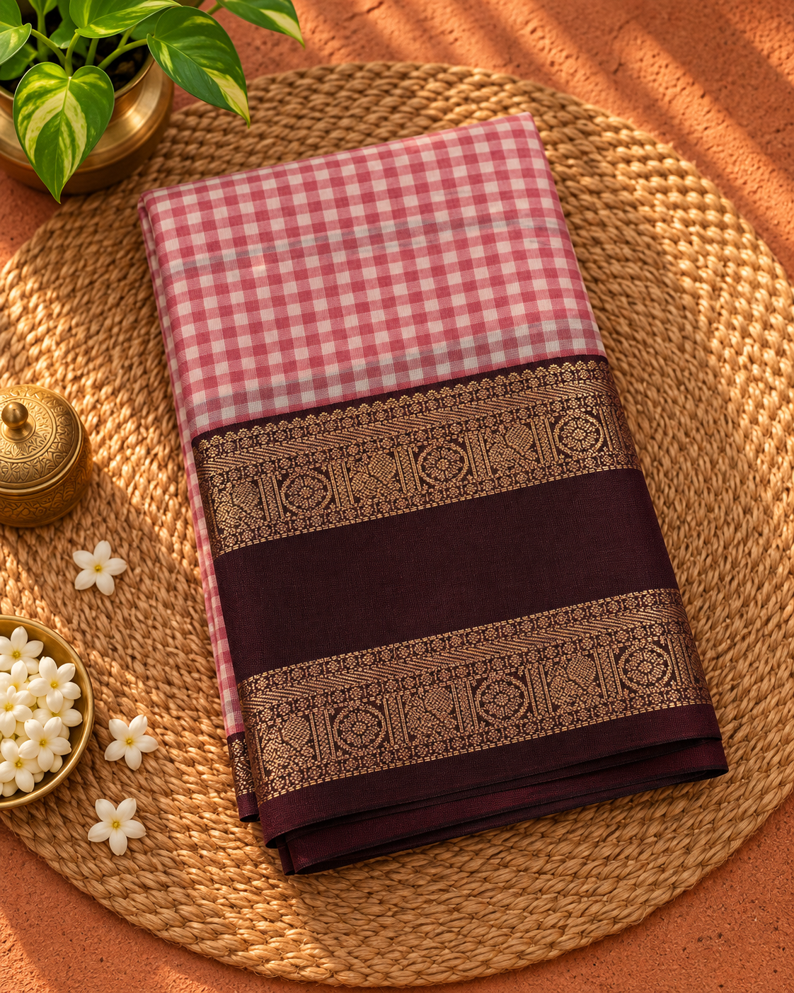 Baby Pink Colour Semi Kanci Silk Saree with Chocolate Brown Contrast NSS152