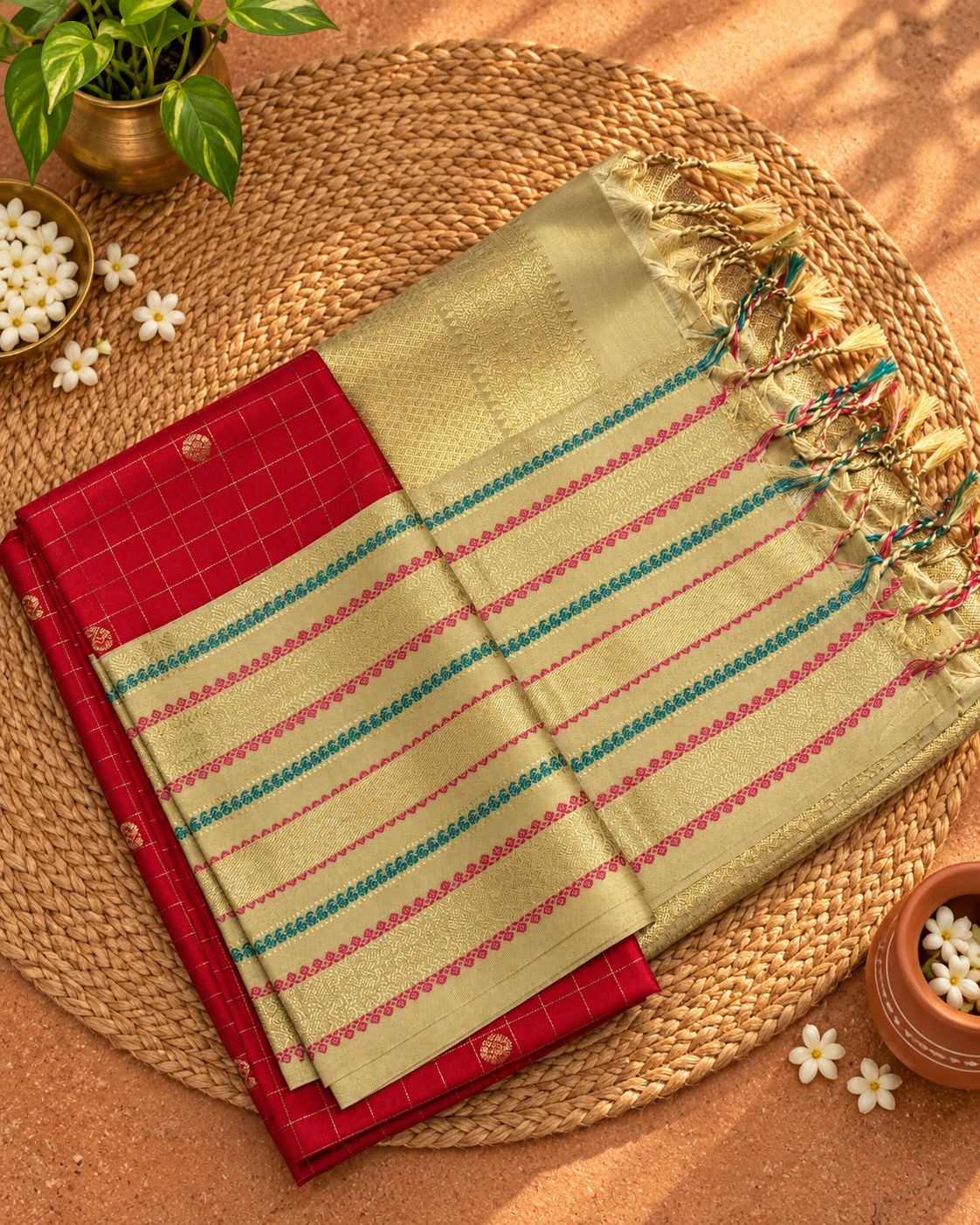 Festive Red Colour Semi Kanchi Silk Saree with Cream Border