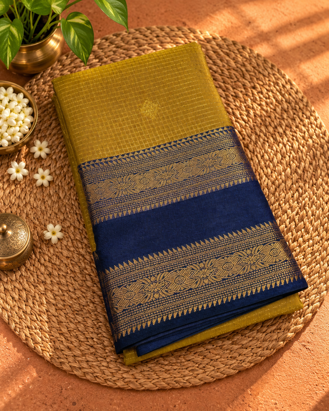 Olive Yellow Colour  Saree with Navy Blue Contrast