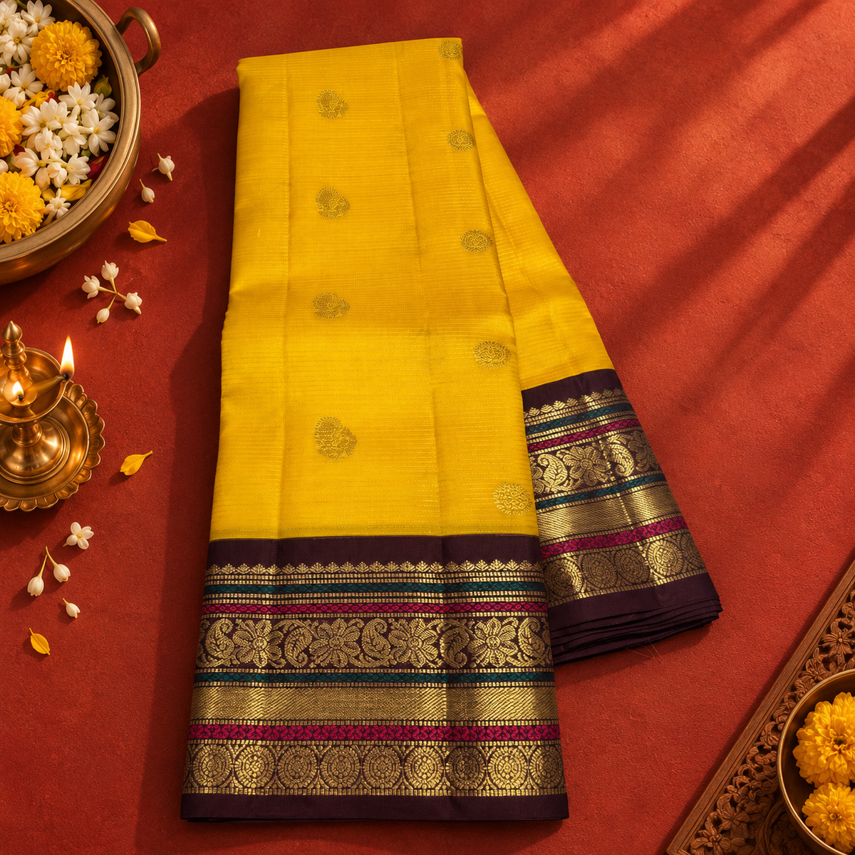 Yellow Colour Saree with Brown Vintage Border