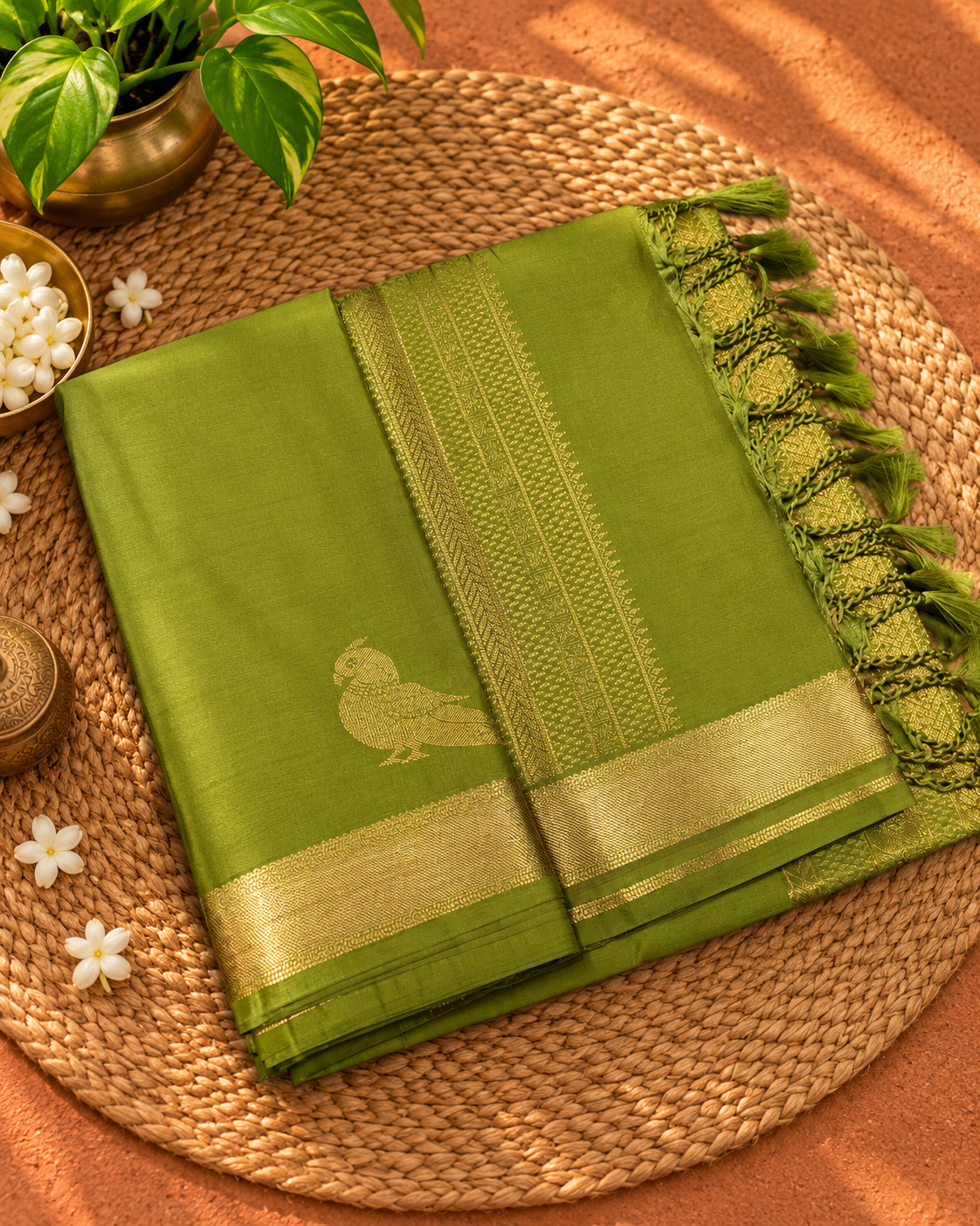 Olive Green Colour Semi Silk Saree with Gold Zari Border & Parrot Butta