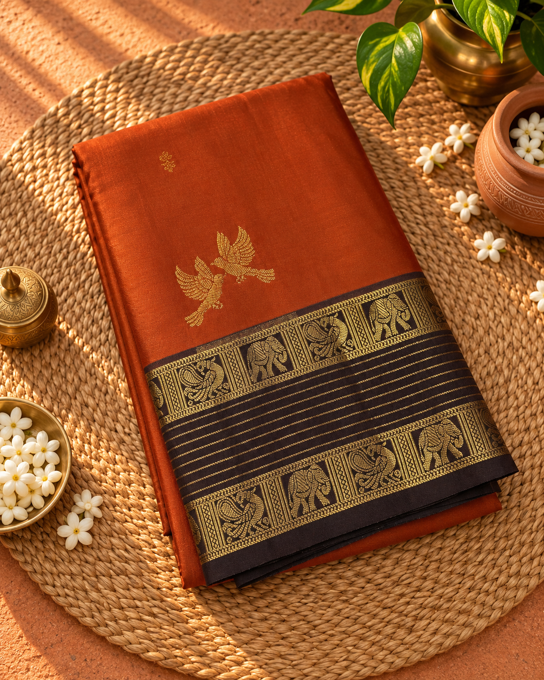 Rust Orange Colour Semi Silk Saree with Brown Contrast
