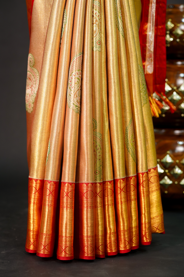 Pure Kanjivaram Silk Saree in Gold with Rich Golden Zari & Red Contrast Border – Traditional Bridal & Wedding Collection