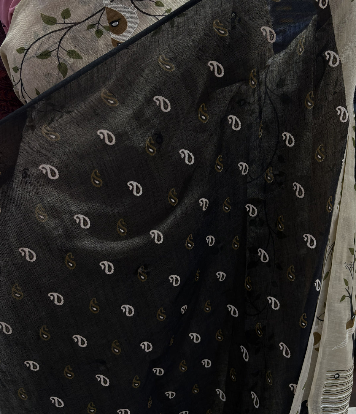 Cream Colour Lenin Cotton Saree with Leaf print all over the body