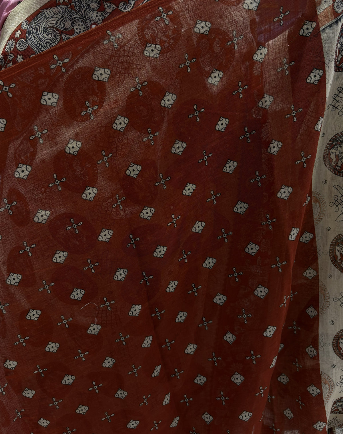 Cream Colour Lenin Cotton Saree with Brick Red Contrast