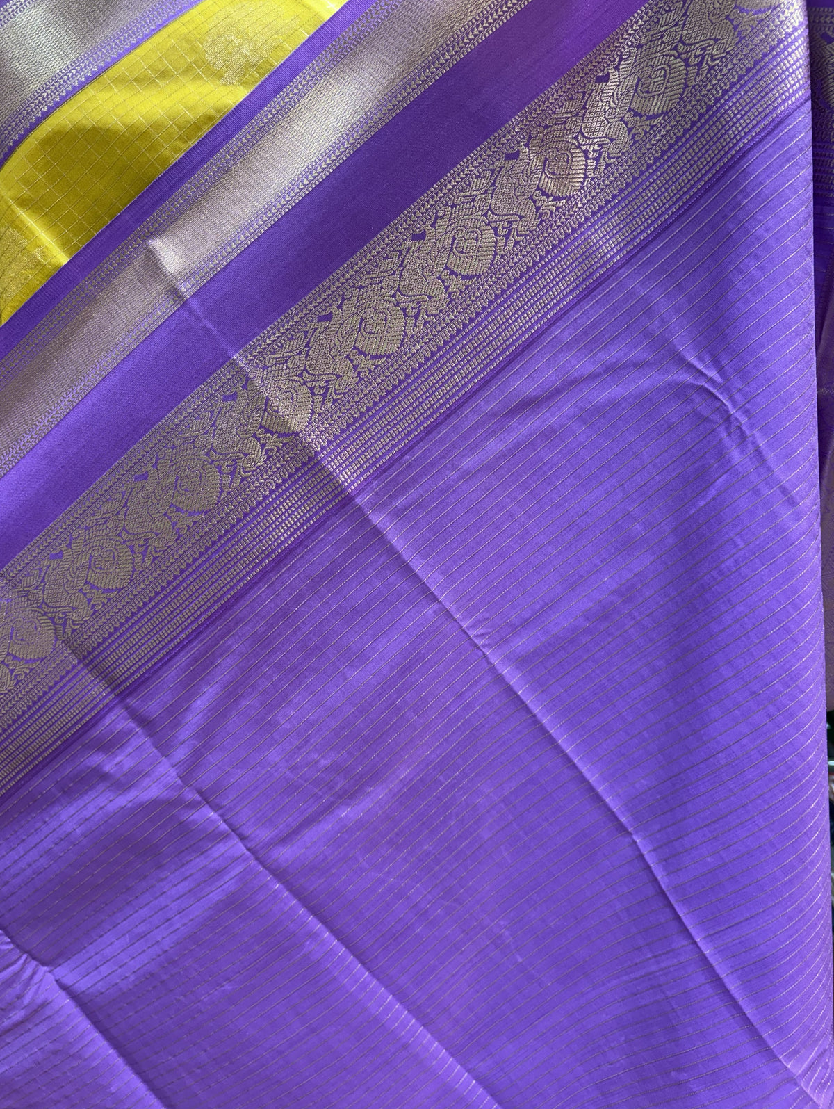 Mustard Yellow Colour Checked Semi Silk Saree with Lavender contarst