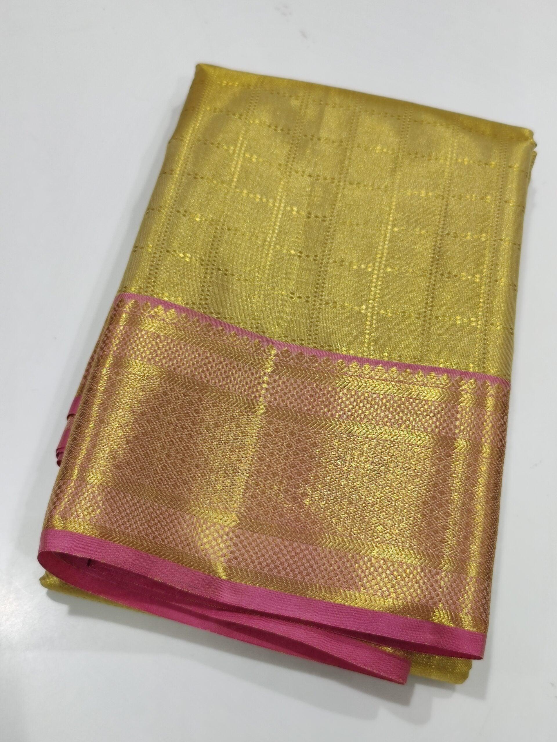 Golden Pure Silk Dhoti with Pink Border - Wedding Collection - New Sudarshan Silks`