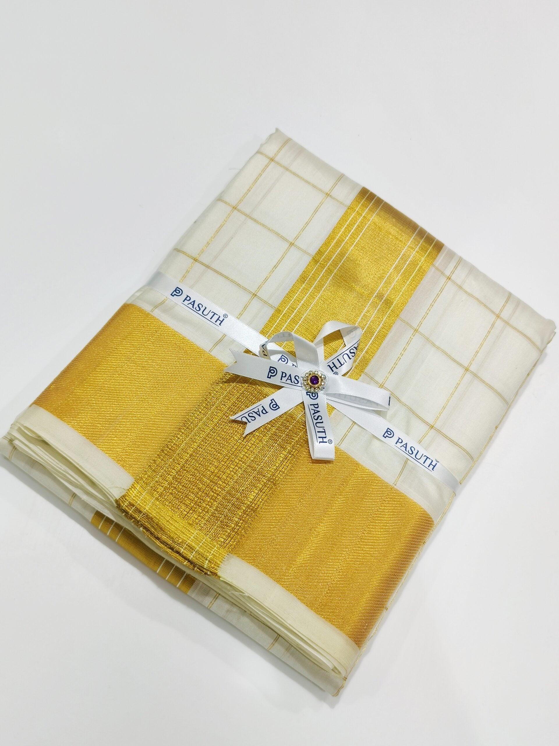 Cream Checks Pure Silk Dhoti with Golden Border - Wedding Collection - New Sudarshan Silks`