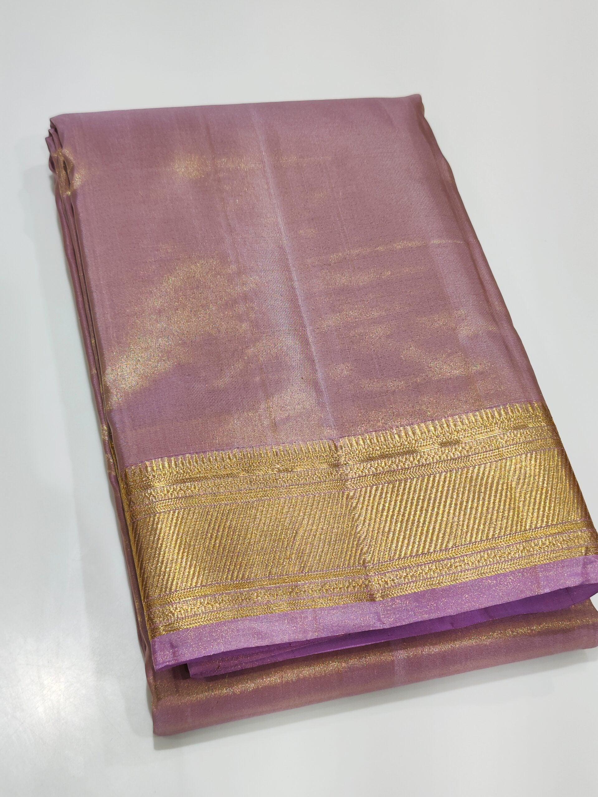 Lavender Tissue Silk Dhoti with Gold Border - Glossy - New Sudarshan Silks`