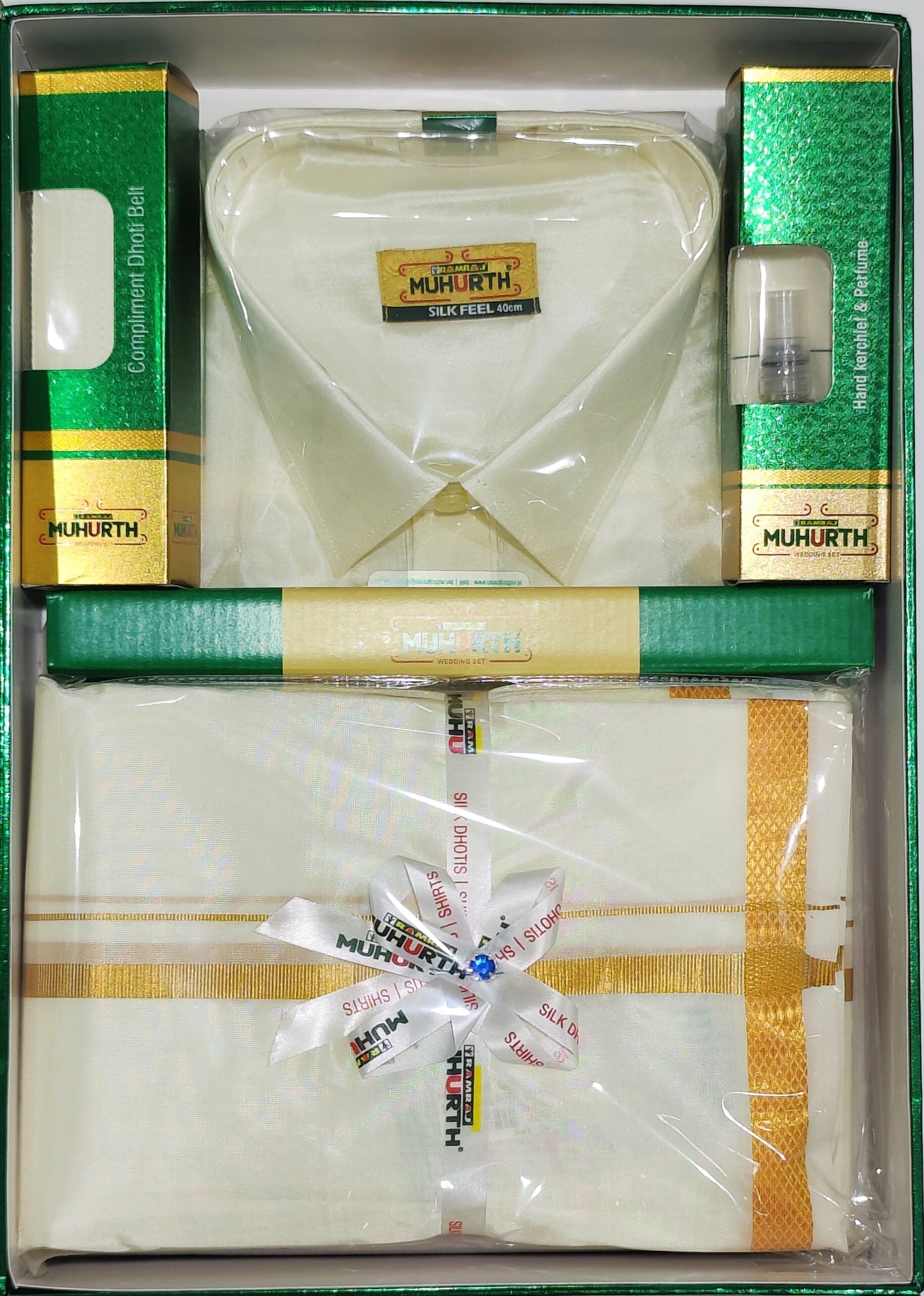 Classic White Dhoti & Shirt Set: Complete Combo with Belt and Perfume - New Sudarshan Silks`