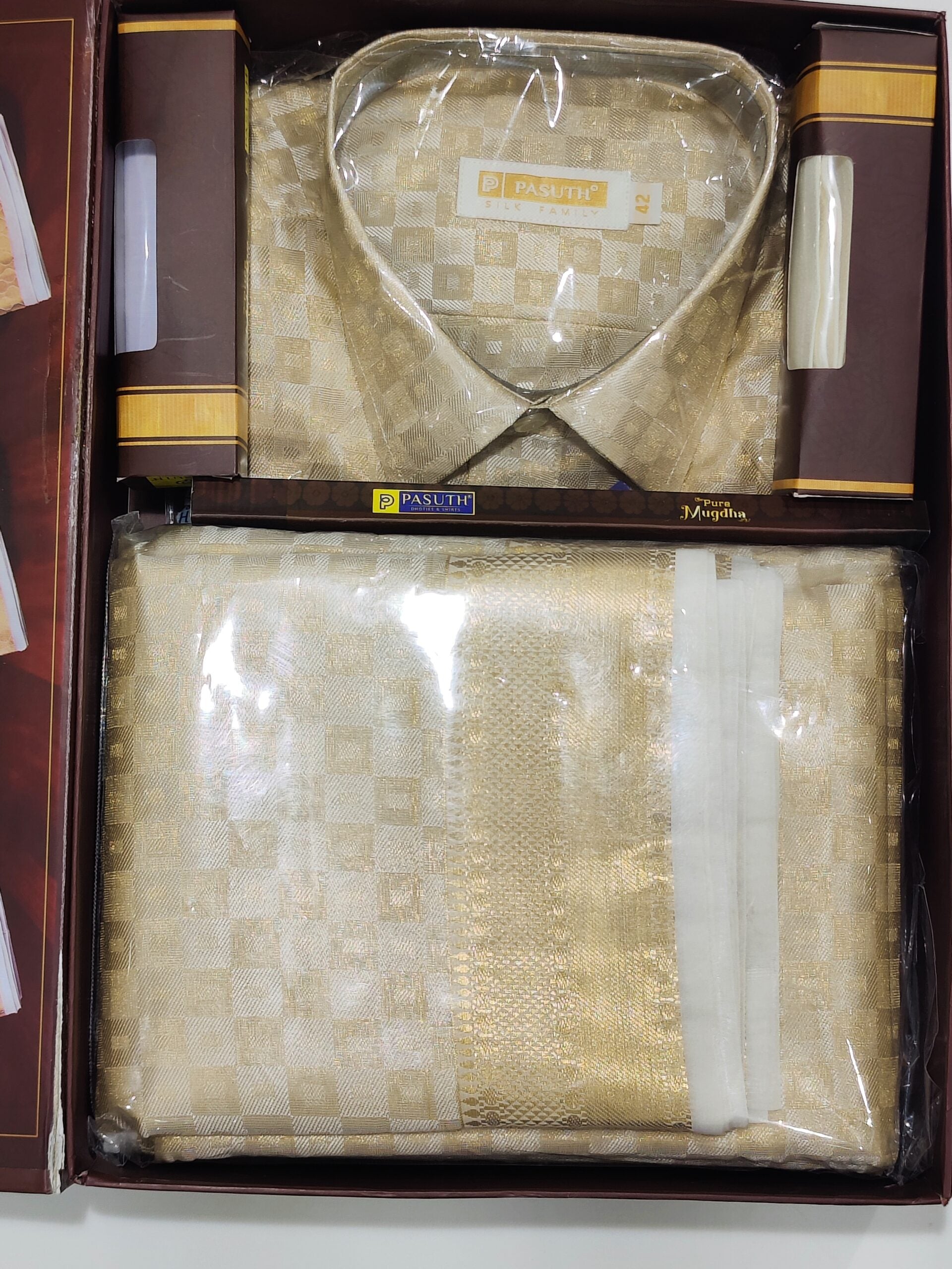 Complete Your Traditional Look: Gold Checks Dhoti Set with Shirt & Belt - New Sudarshan Silks`