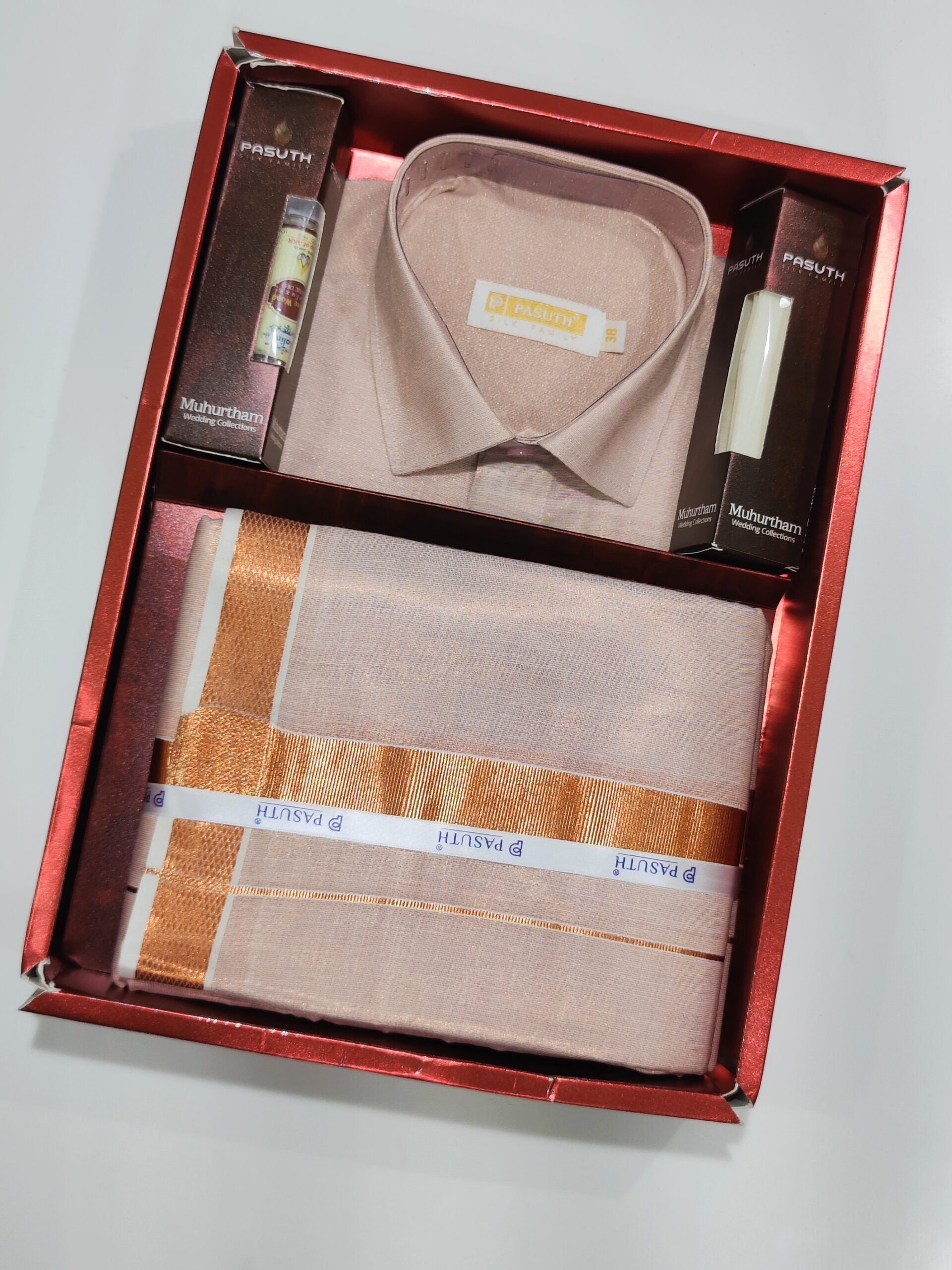 Rose Gold Dhoti and Shirt Combo Set: Complete Ethnic Elegance with Belt - New Sudarshan Silks`