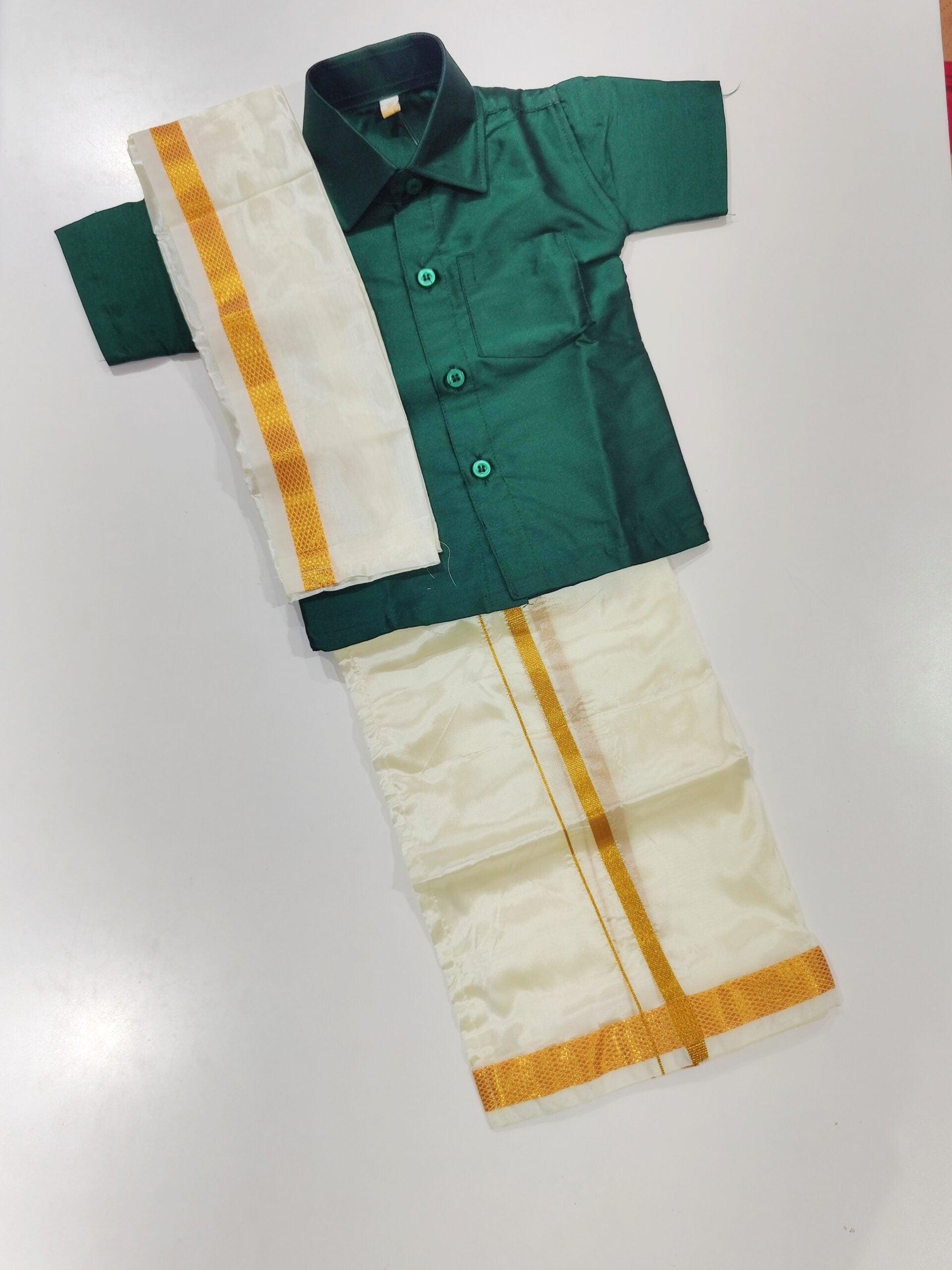 Bottle Green Kids Dhoti Shirt Set with Traditional Pancha - New Sudarshan Silks`