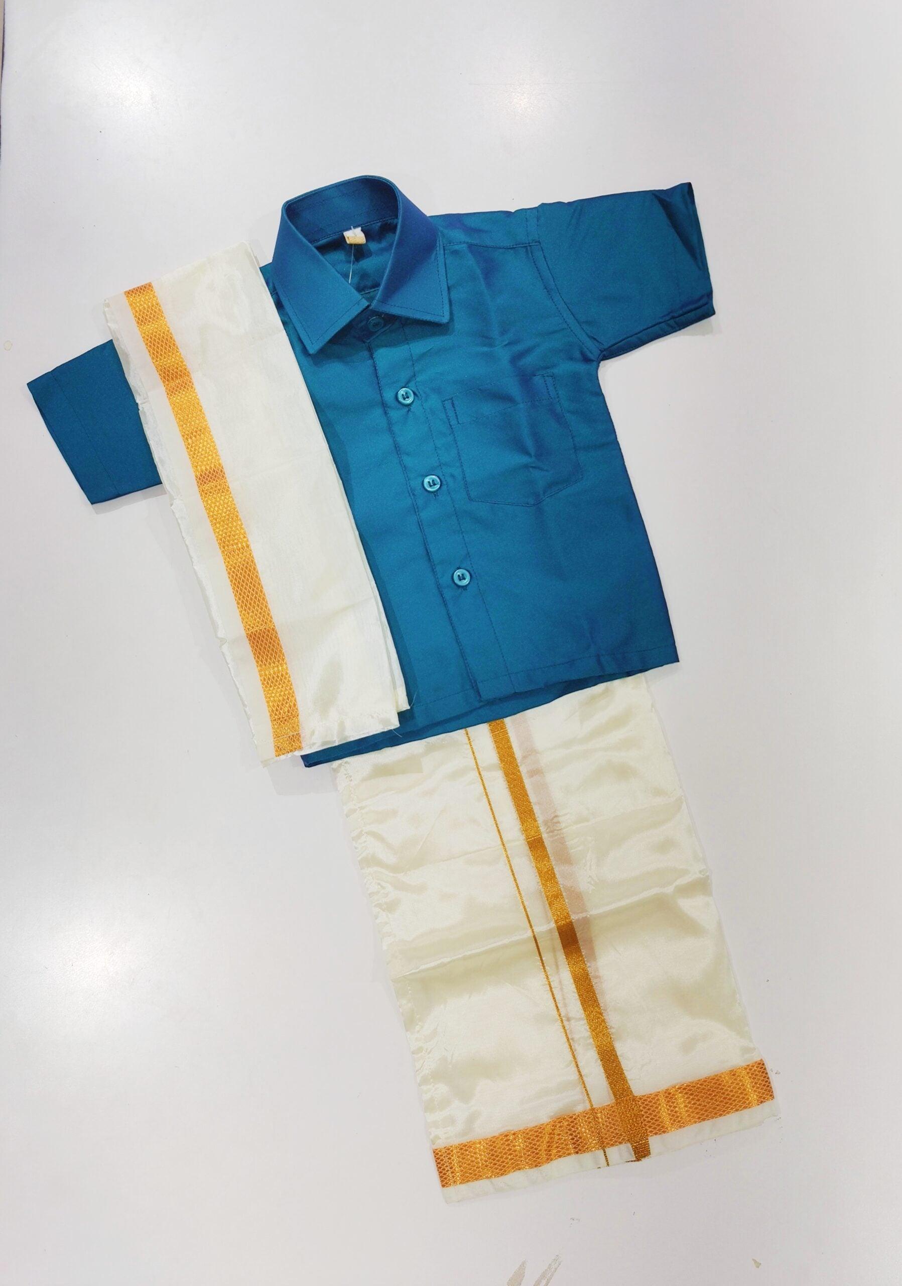 Rama Blue Kids Dhoti Shirt Set with Pancha - New Sudarshan Silks`