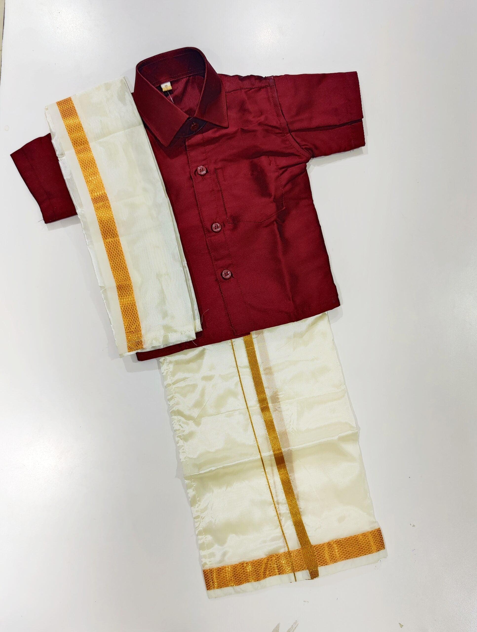 Maroon Kids Dhoti Shirt Set: Traditional Elegance for Young Gentlemen - New Sudarshan Silks`