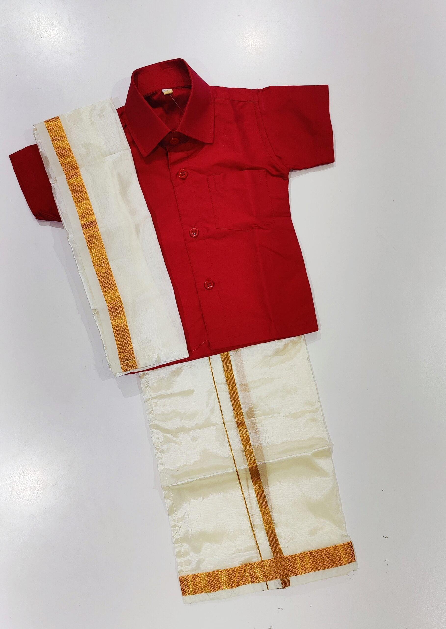 Stylish Kids Dhoti Shirt Set in Majenta Pink with Matching Pancha. - New Sudarshan Silks`