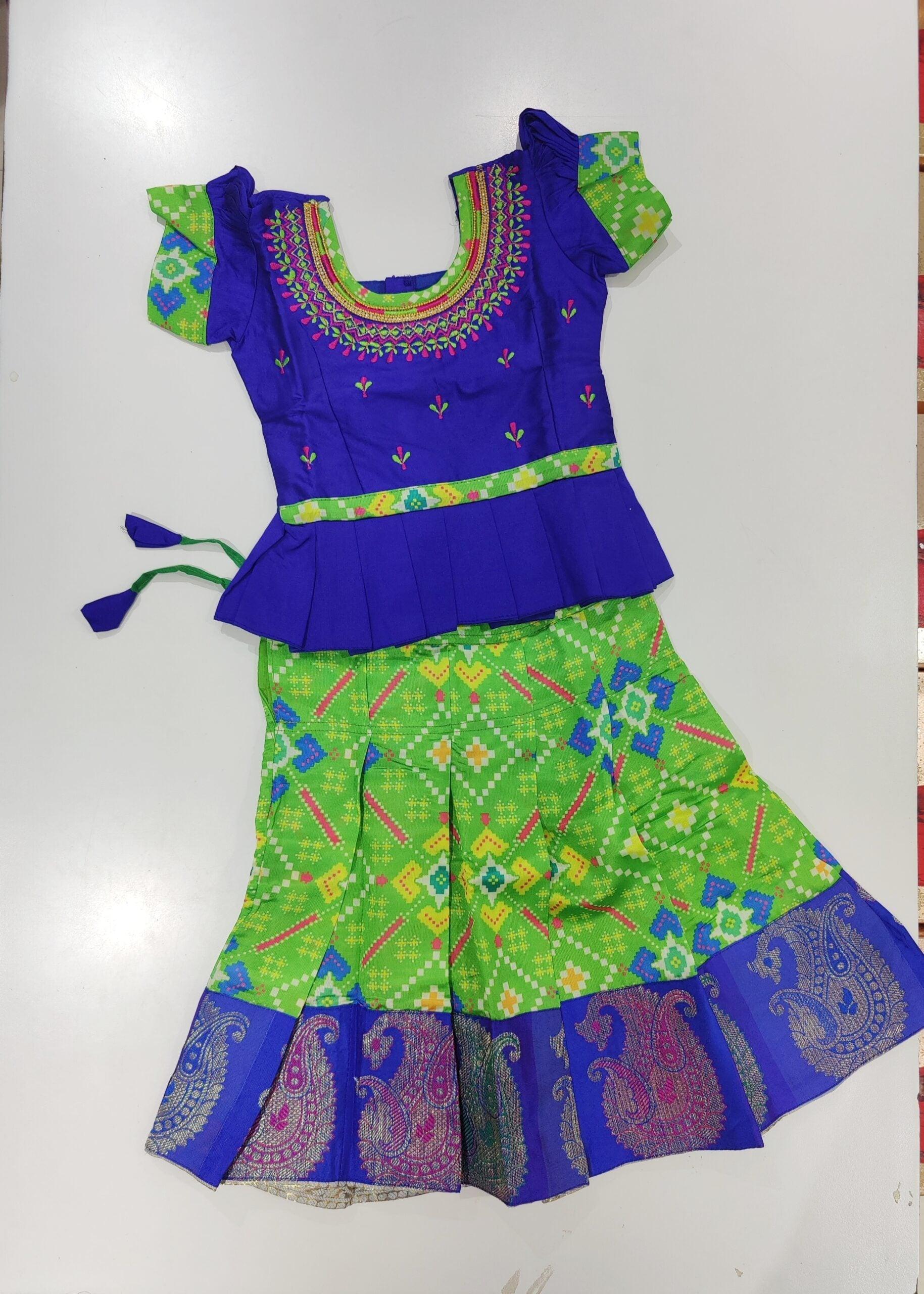 Blue Blouse with Green Langa: Girls' Ethnic Wear - New Sudarshan Silks`