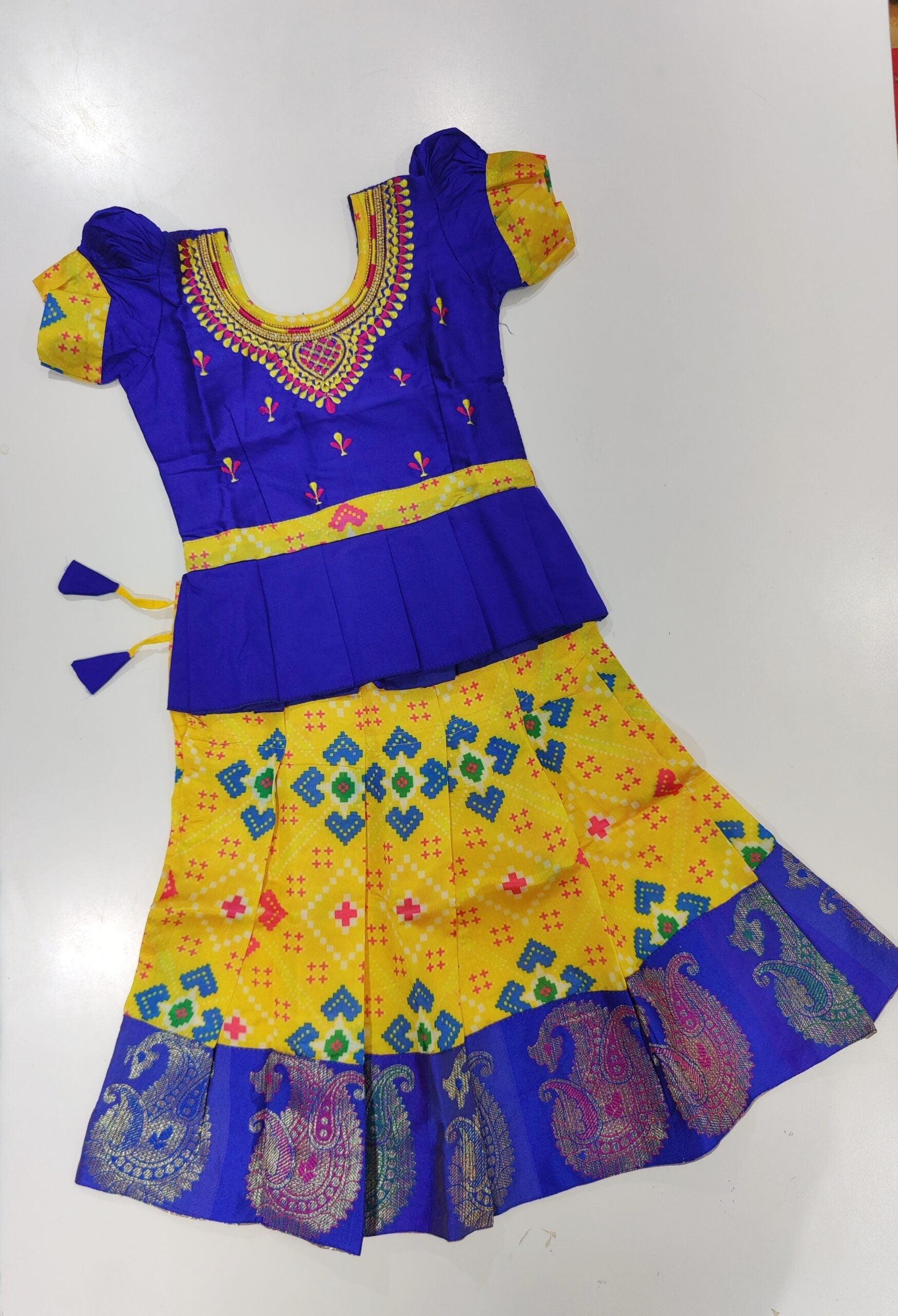 Adorable Girls Langa Blouse Set: Blue Blouse with Yellow Langa - New Sudarshan Silks`