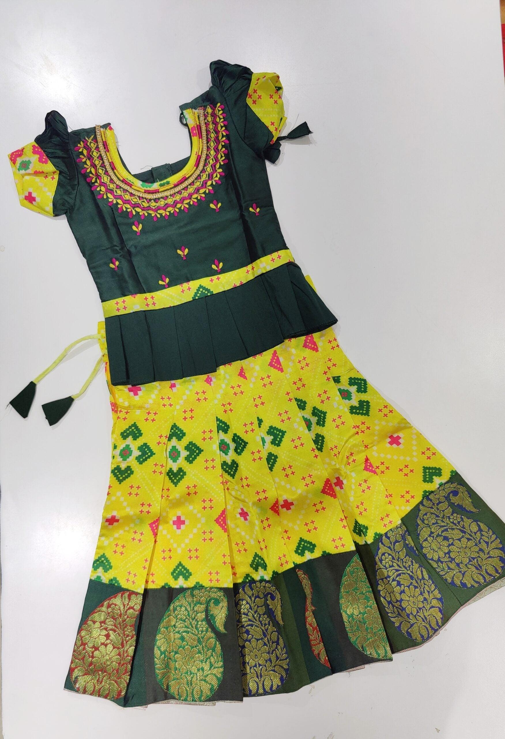 Adorable Girls' Langa Blouse Set: Green Blouse with Lemon Yellow Langa - New Sudarshan Silks`