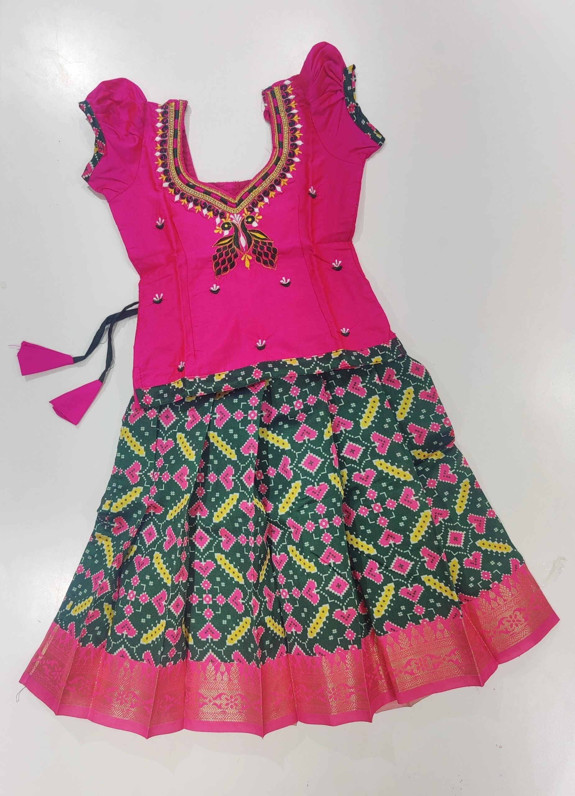 Adorable Girls Langa Blouse Set: Pink Blouse with Green Langa - New Sudarshan Silks`