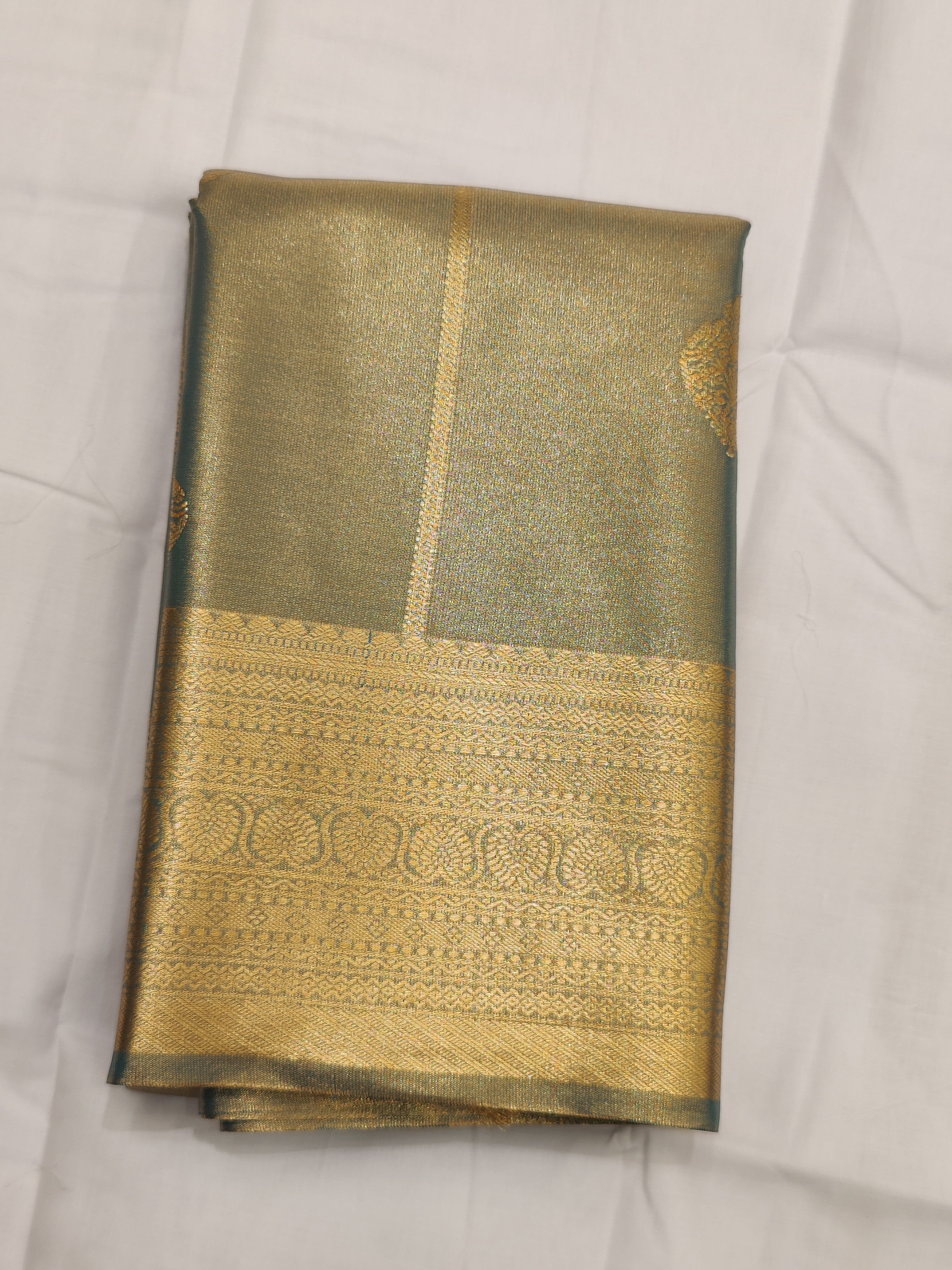 "Green Gold Semi Tissue Saree with Gold Border – Luxury Ethnic Wear"