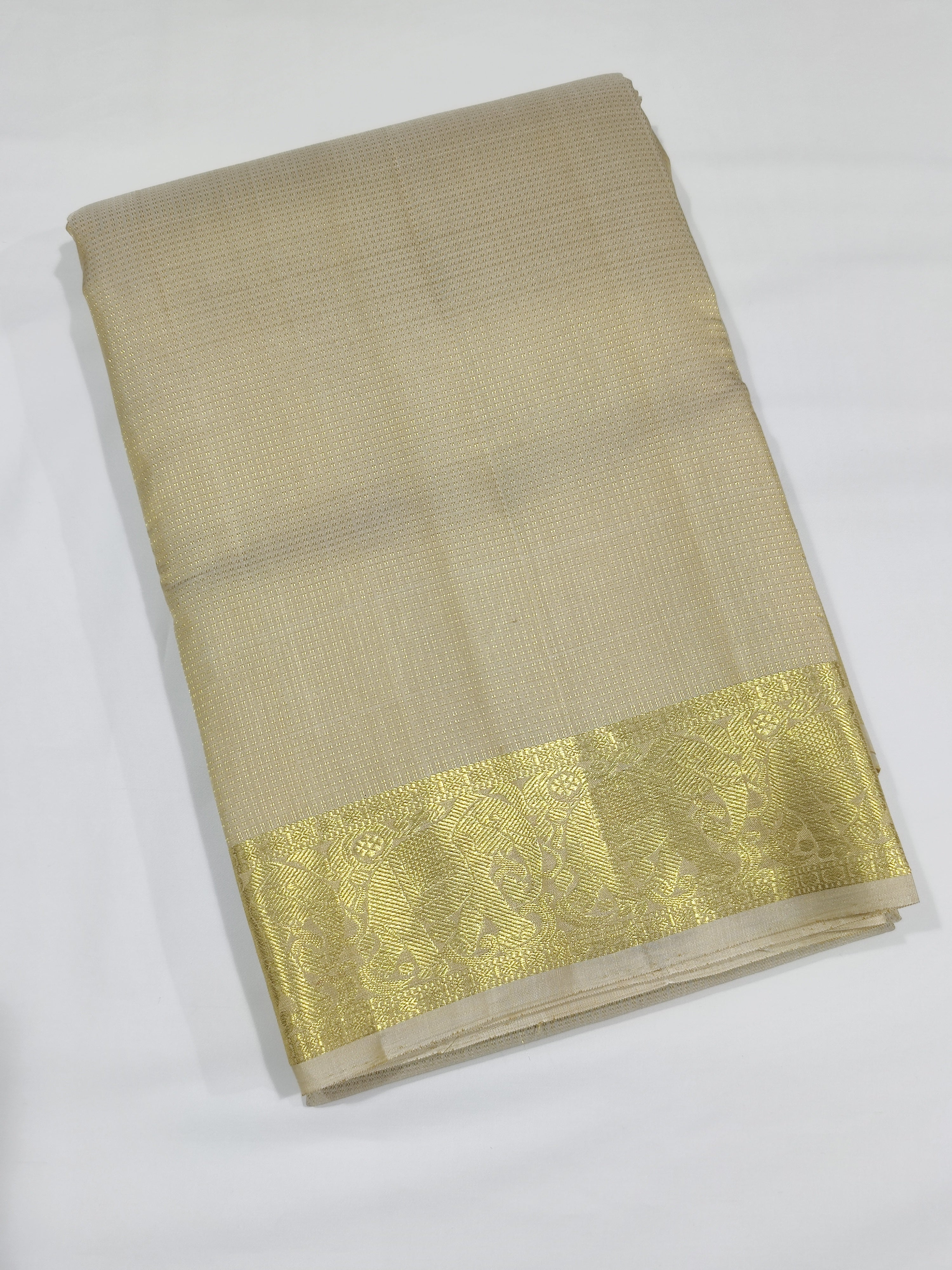 "Gold Kanjivaram Silk Dhoti with Elephant Border – Wedding Collection for Men"