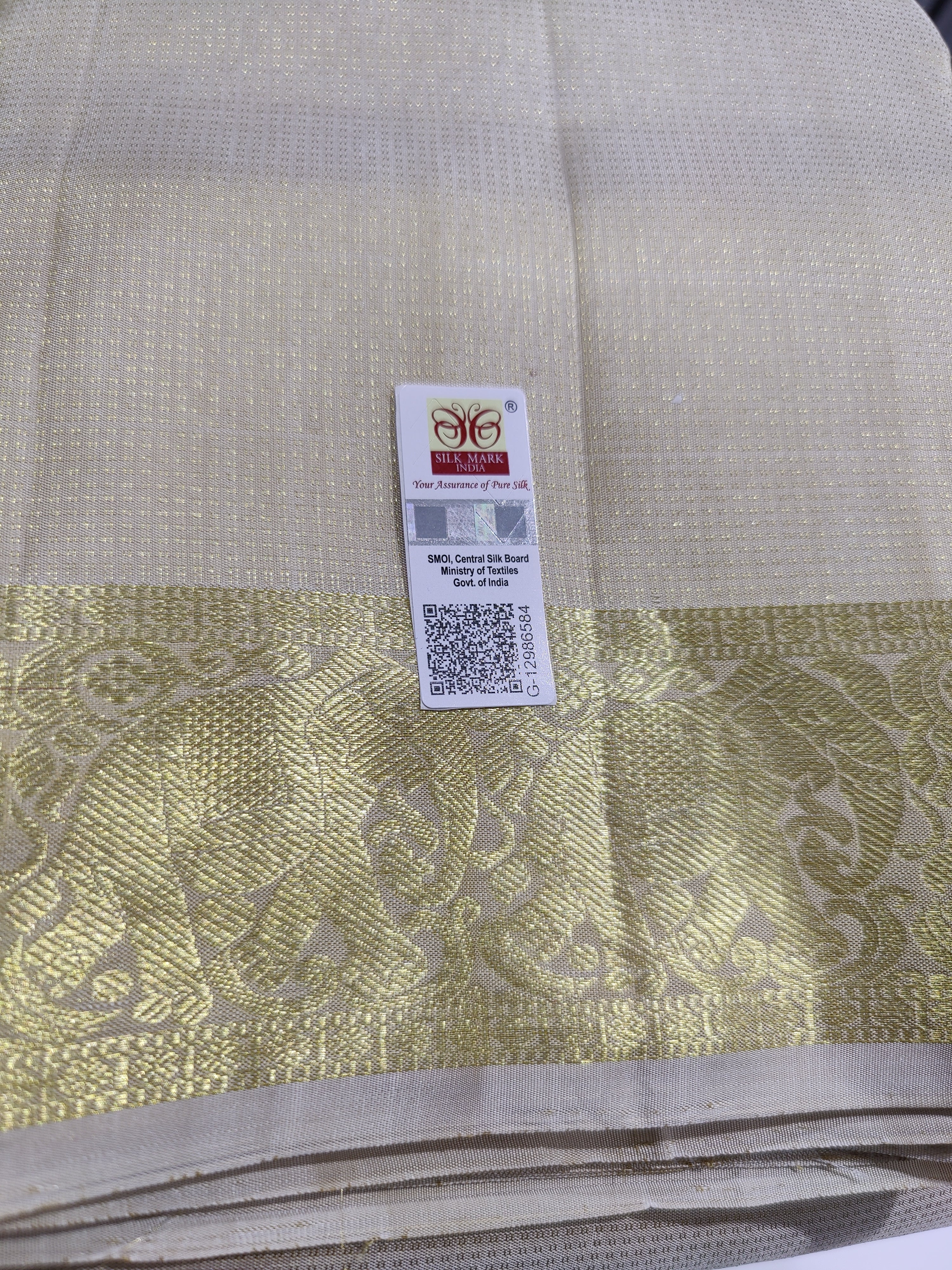 "Gold Kanjivaram Silk Dhoti with Elephant Border – Wedding Collection for Men"