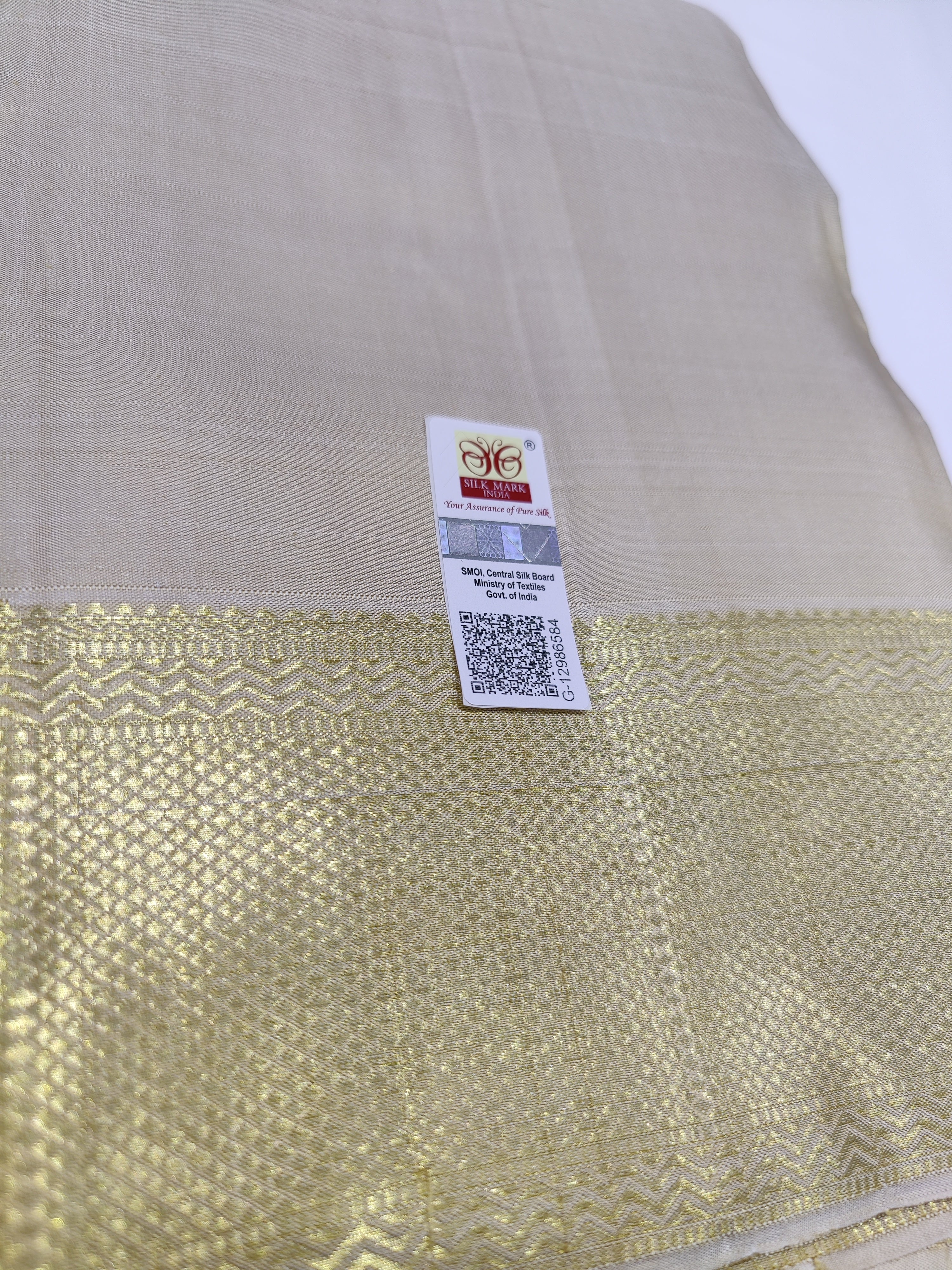 "Cream Kanjivaram Silk Dhoti with Gold Zari Border – Wedding Collection for Men"