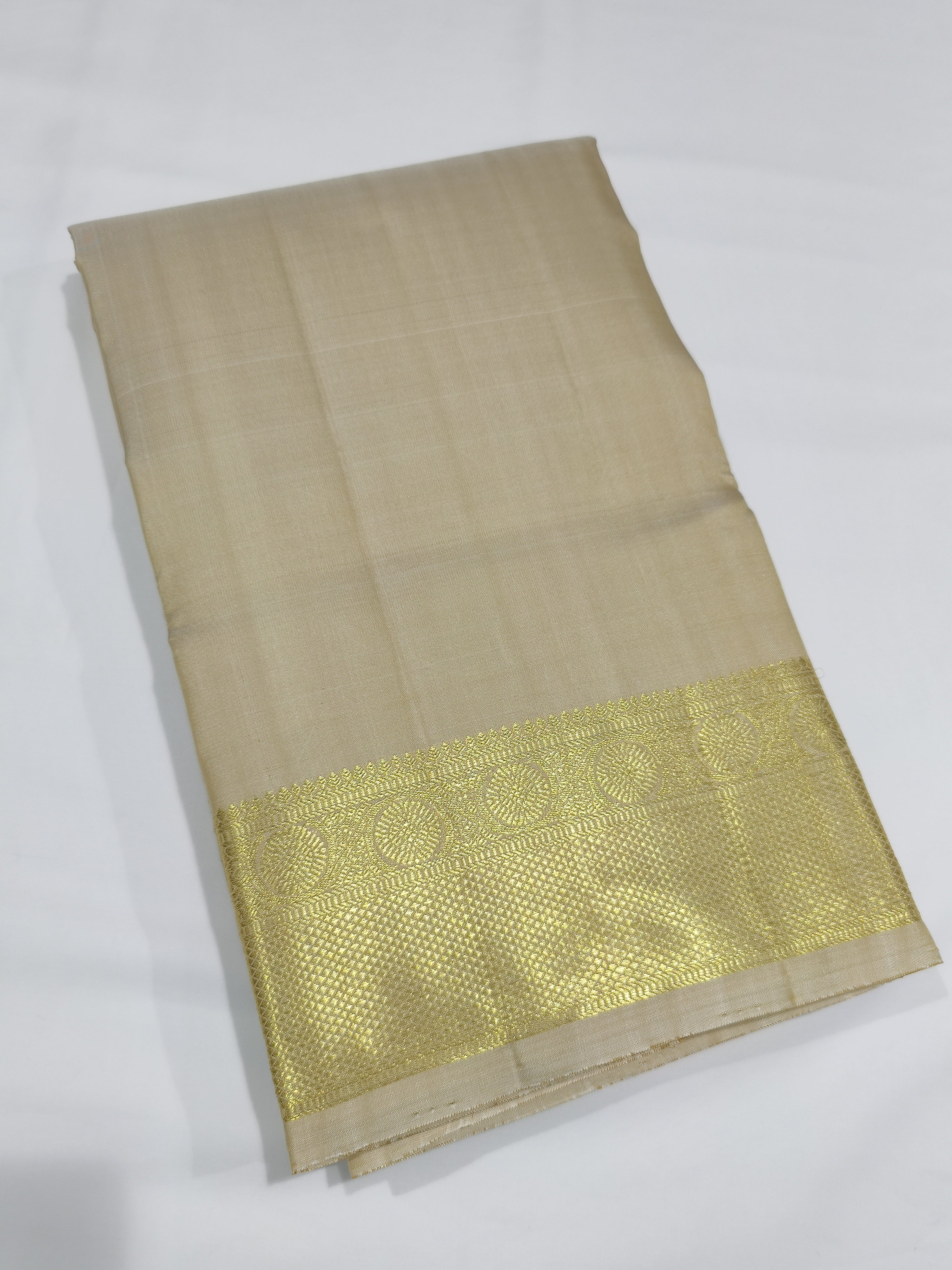 "Cream Kanjivaram Silk Dhoti with Gold Zari & Coin Butta Border + Shirt Piece – Wedding Collection"