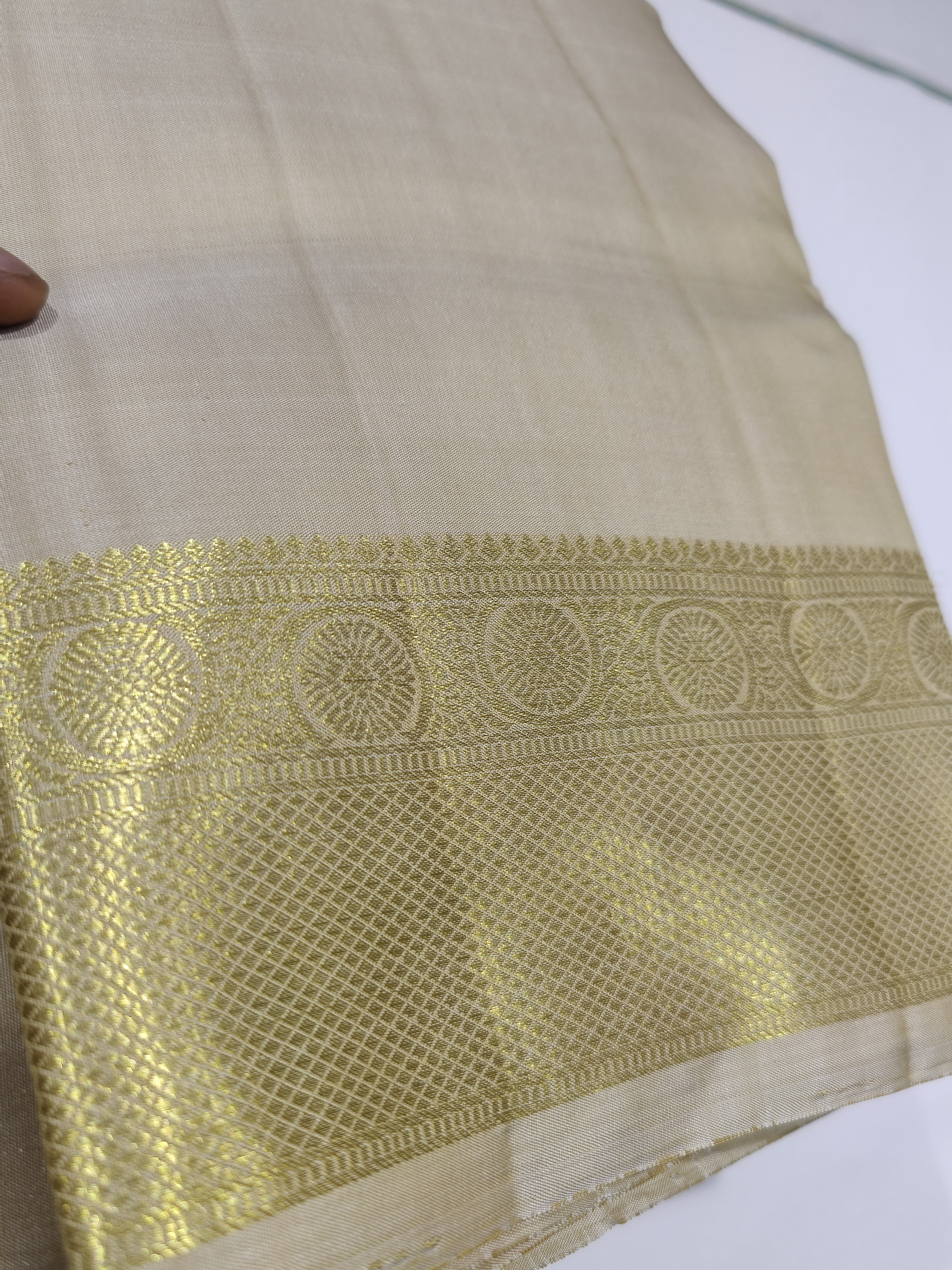 "Cream Kanjivaram Silk Dhoti with Gold Zari & Coin Butta Border + Shirt Piece – Wedding Collection"