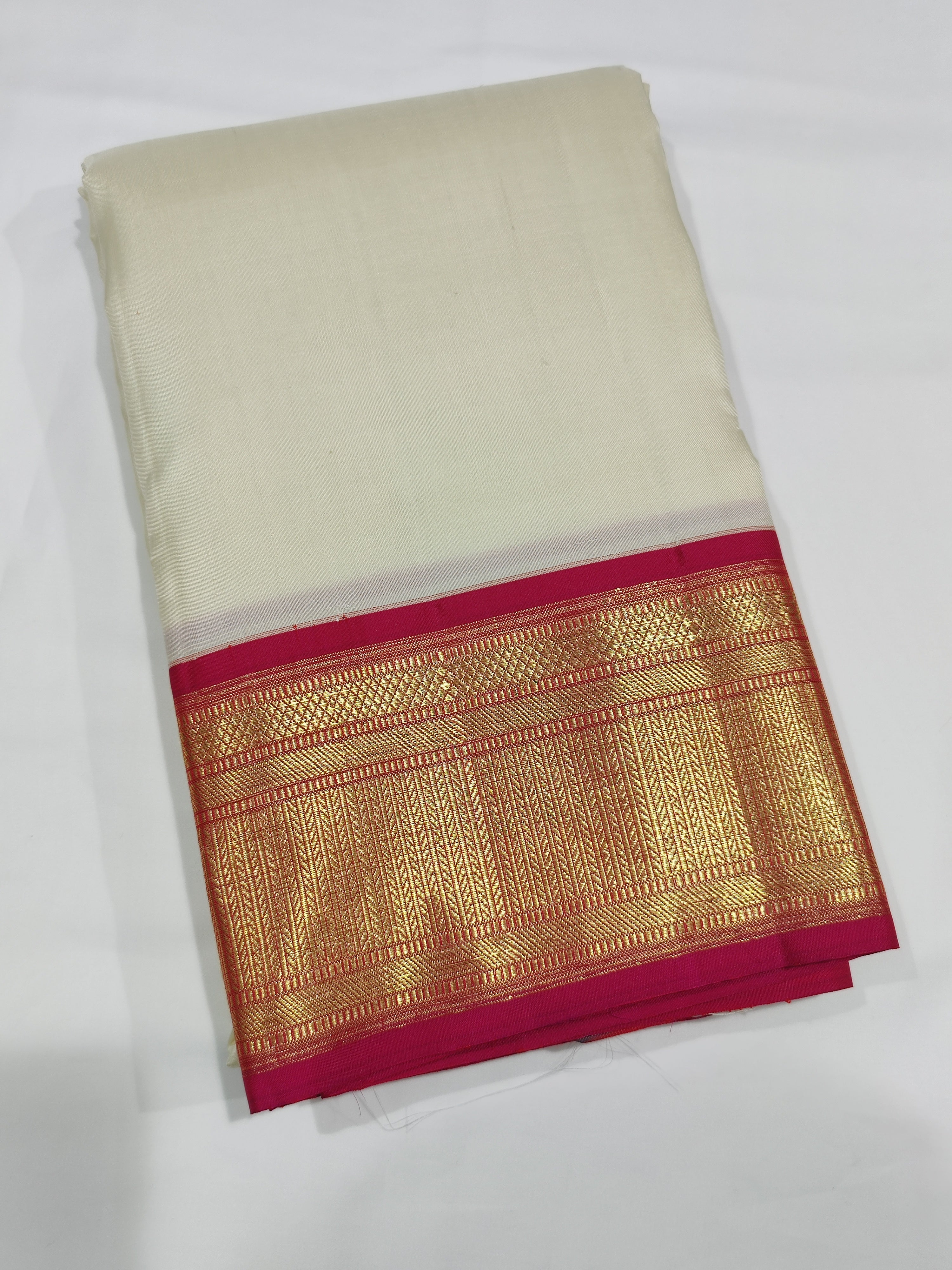 "Dark Pink & Gold Zari Border Cream Kanjivaram Pure Silk Dhoti + Shirt Piece – Wedding Collection"