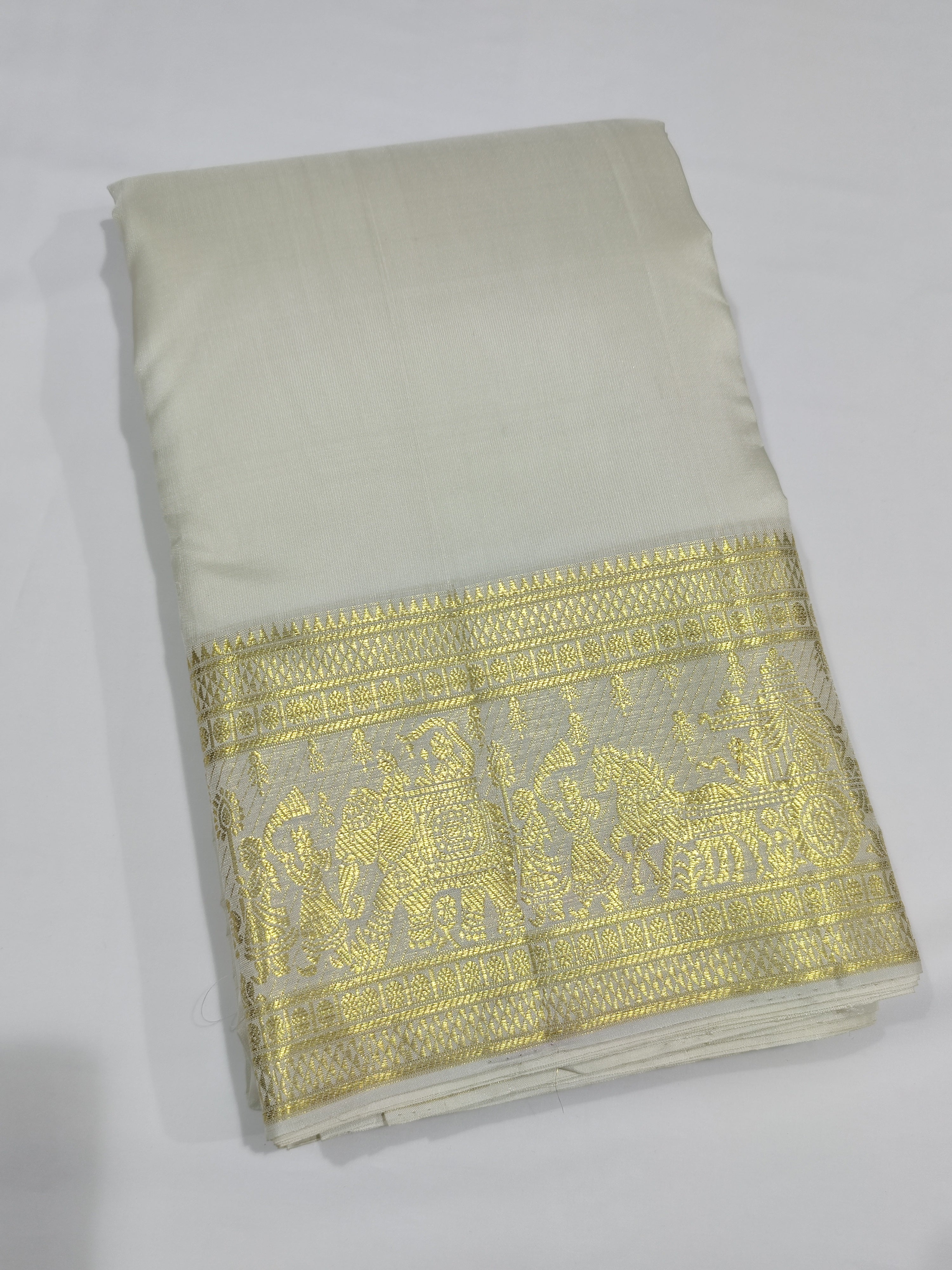 "Cream Kanjivaram Silk Dhoti with Traditional Palak Gold Zari Border + Shirt Piece – Wedding Collection"