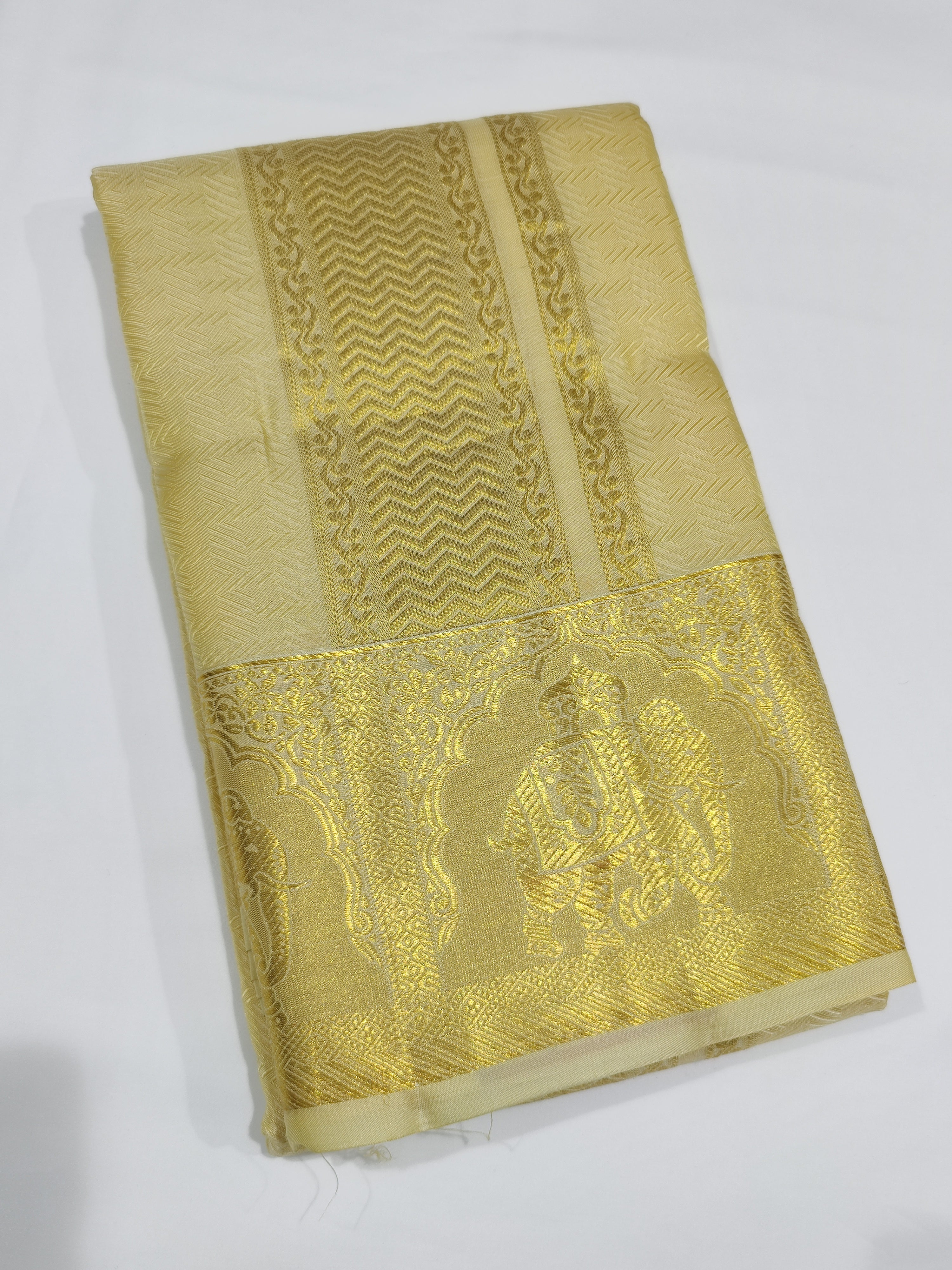 "Pure Gold Kanjivaram Silk Dhoti with Elephant Zari Work Border + Shirt Piece – Wedding Collection"