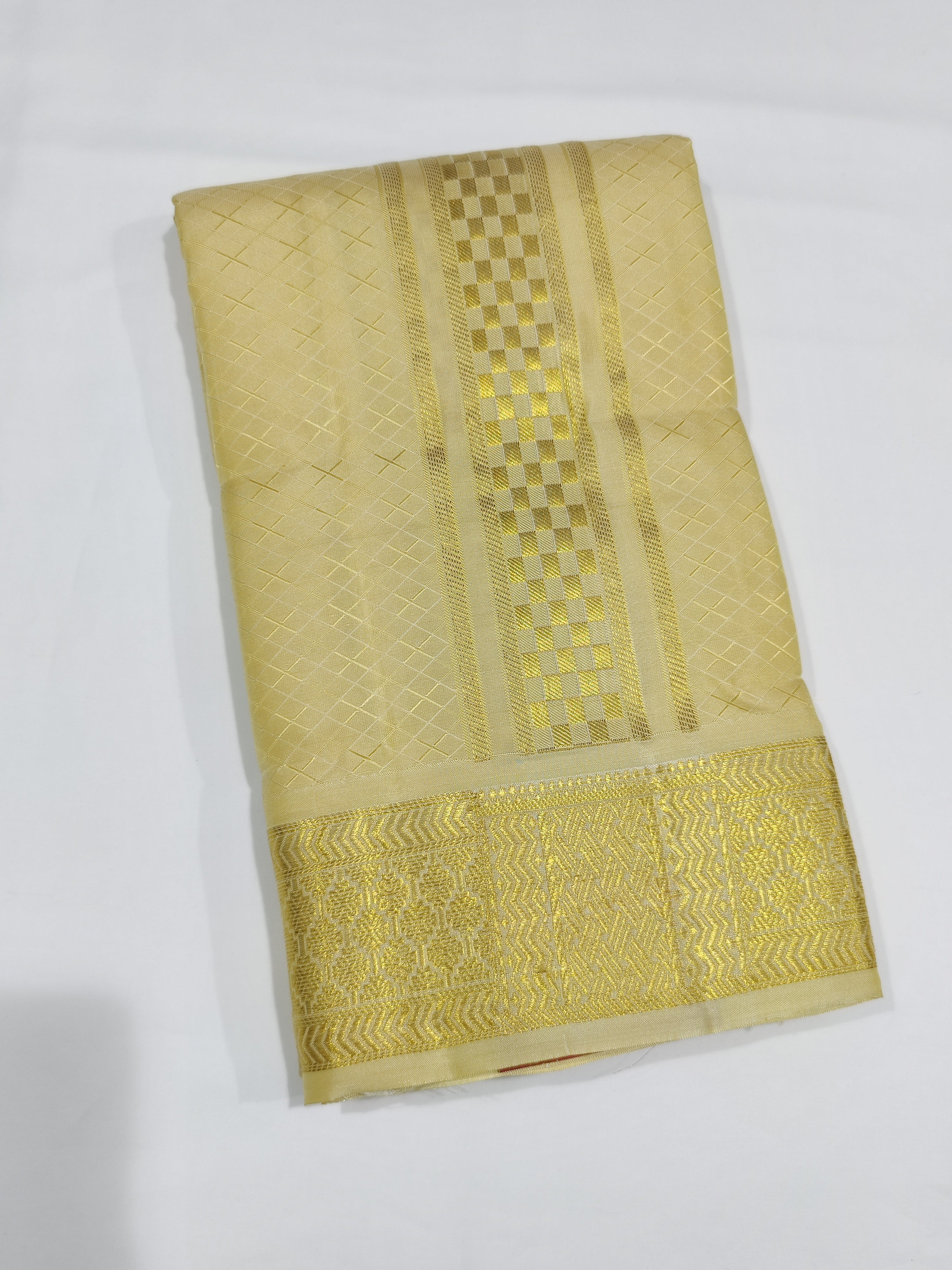 "Pure Gold Kanjivaram Silk Dhoti with Zari Work Border + Shirt Piece – Wedding Collection"