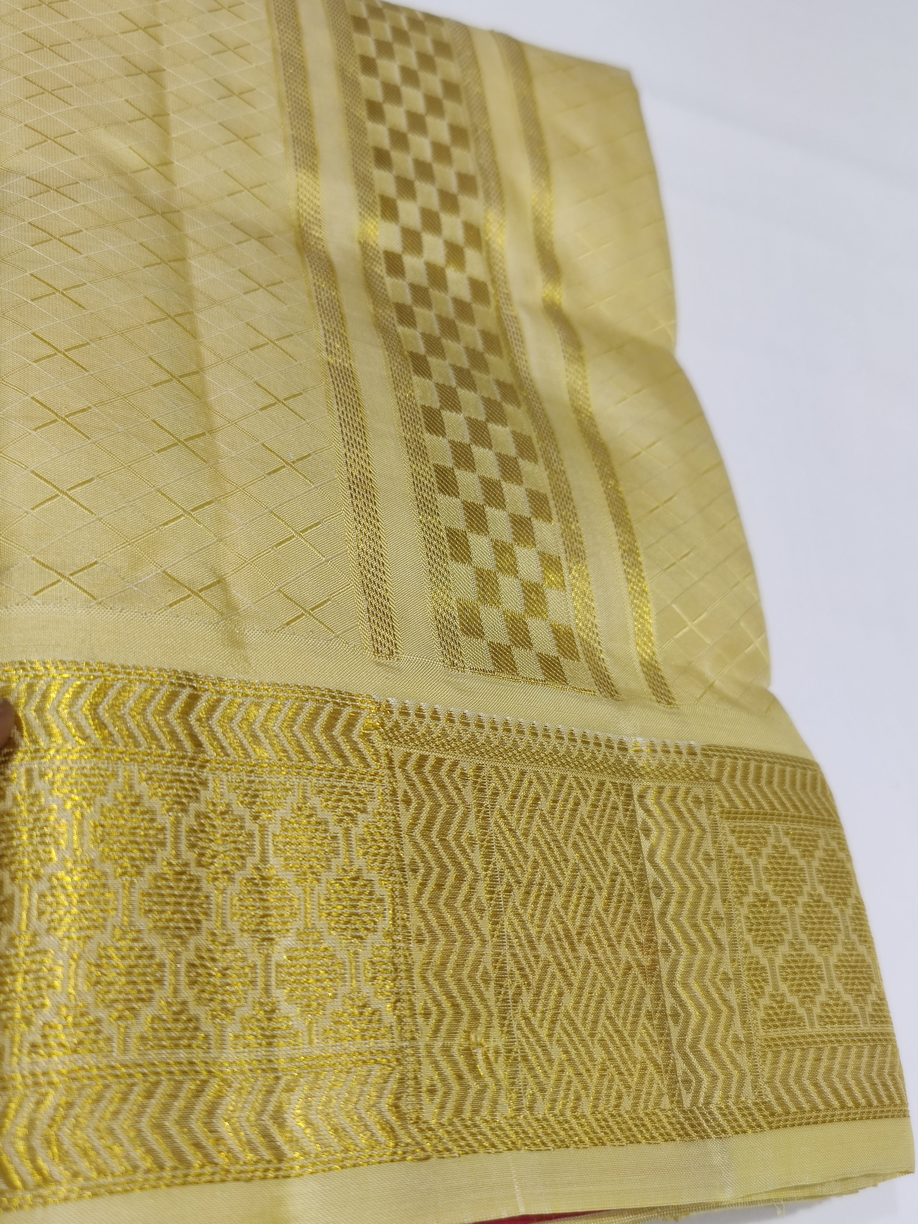 "Pure Gold Kanjivaram Silk Dhoti with Zari Work Border + Shirt Piece – Wedding Collection"