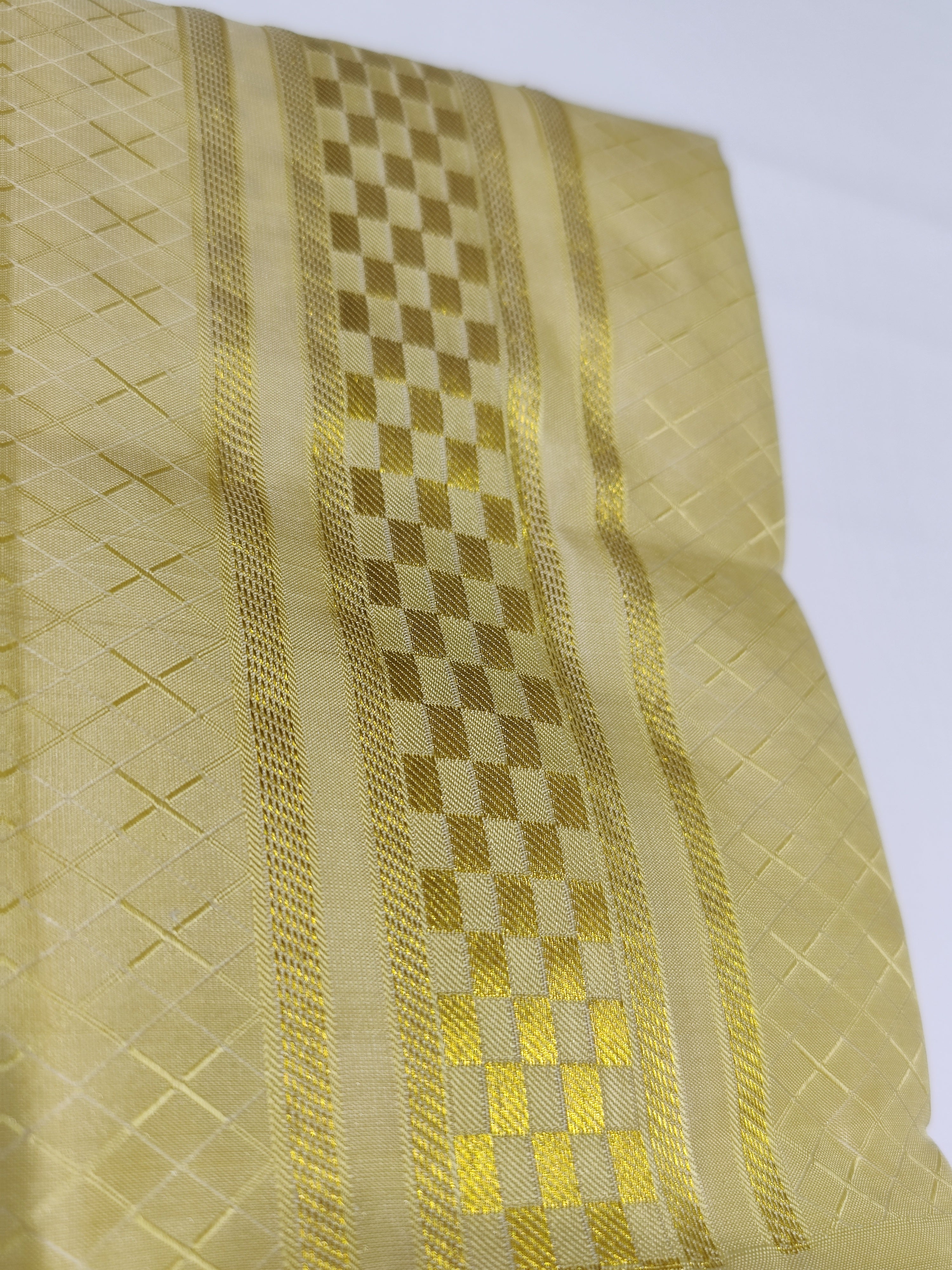 "Pure Gold Kanjivaram Silk Dhoti with Zari Work Border + Shirt Piece – Wedding Collection"