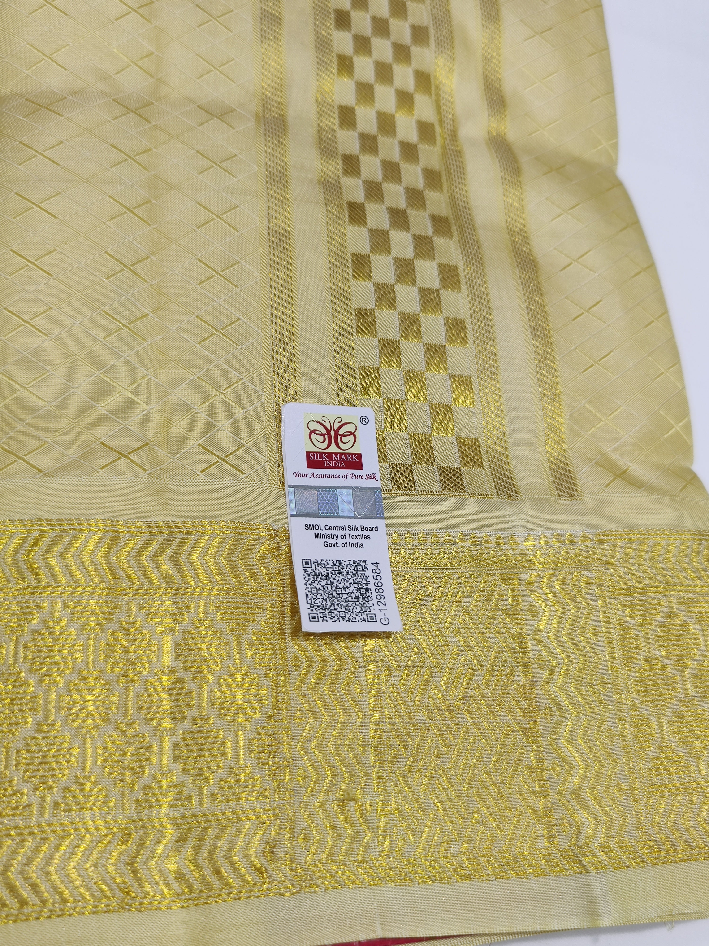 "Pure Gold Kanjivaram Silk Dhoti with Zari Work Border + Shirt Piece – Wedding Collection"