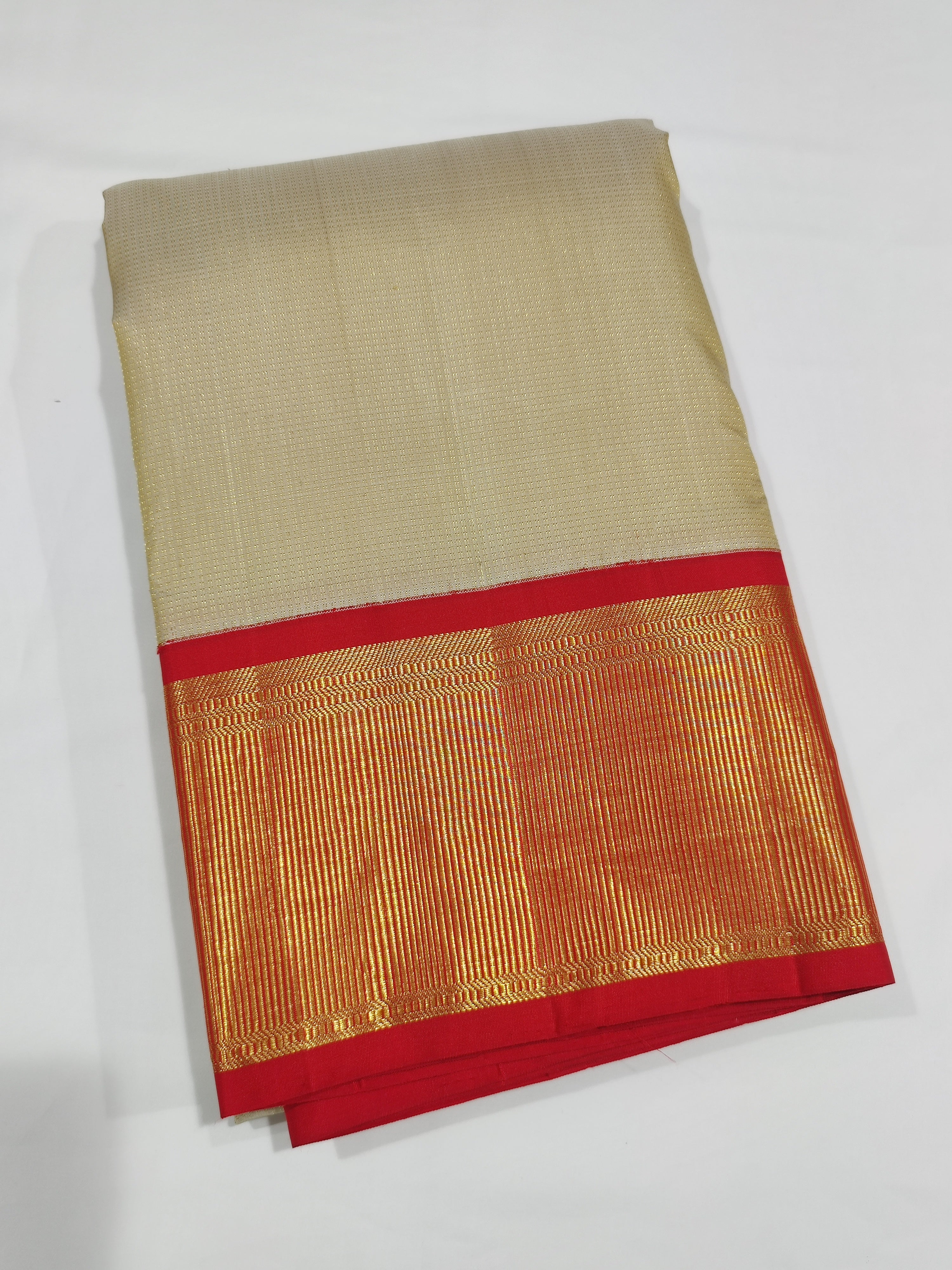 "Pure Cream Kanjivaram Silk Dhoti with Red & Gold Zari Work Border + Shirt Piece – Wedding Collection"