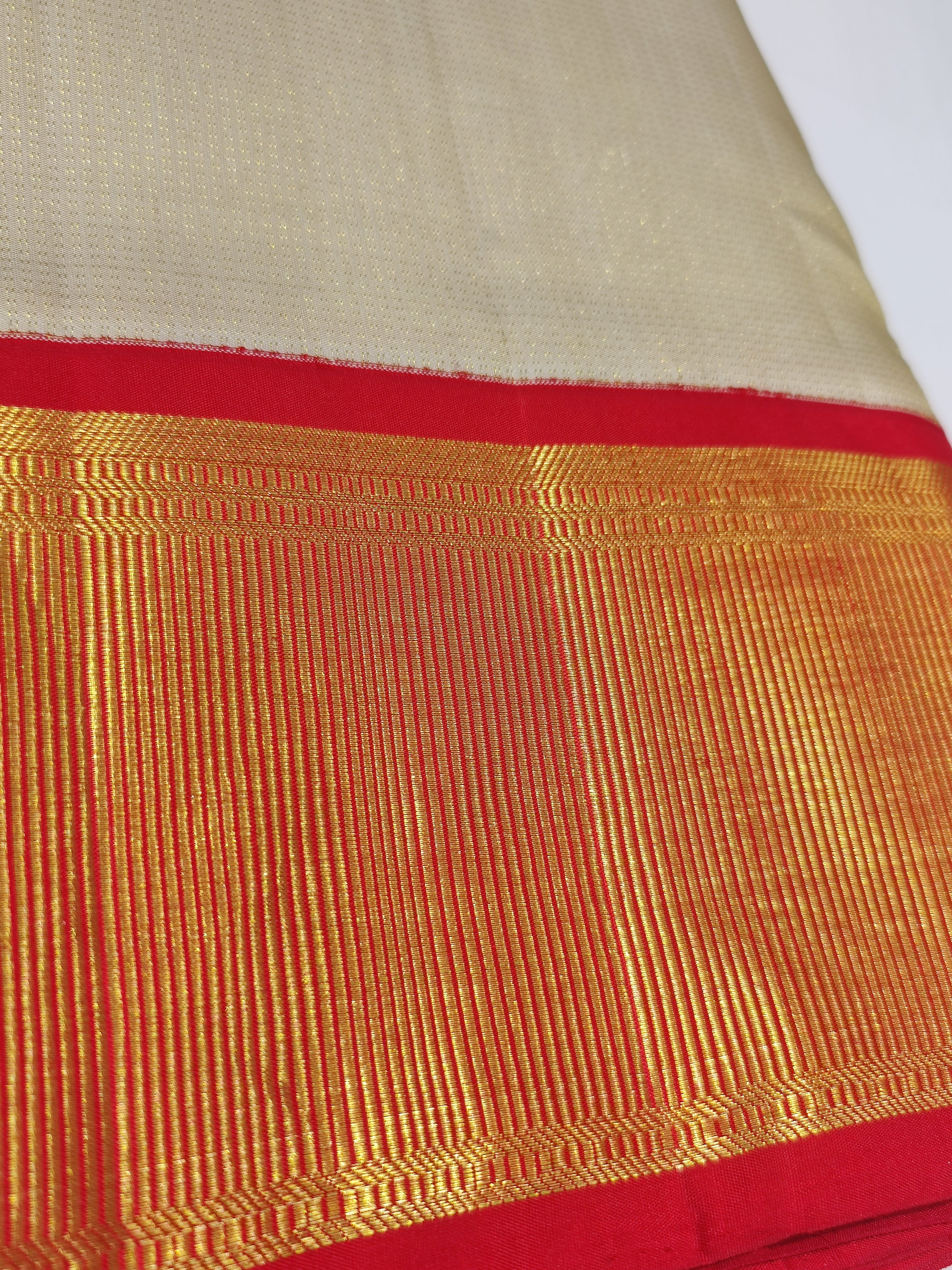 "Pure Cream Kanjivaram Silk Dhoti with Red & Gold Zari Work Border + Shirt Piece – Wedding Collection"