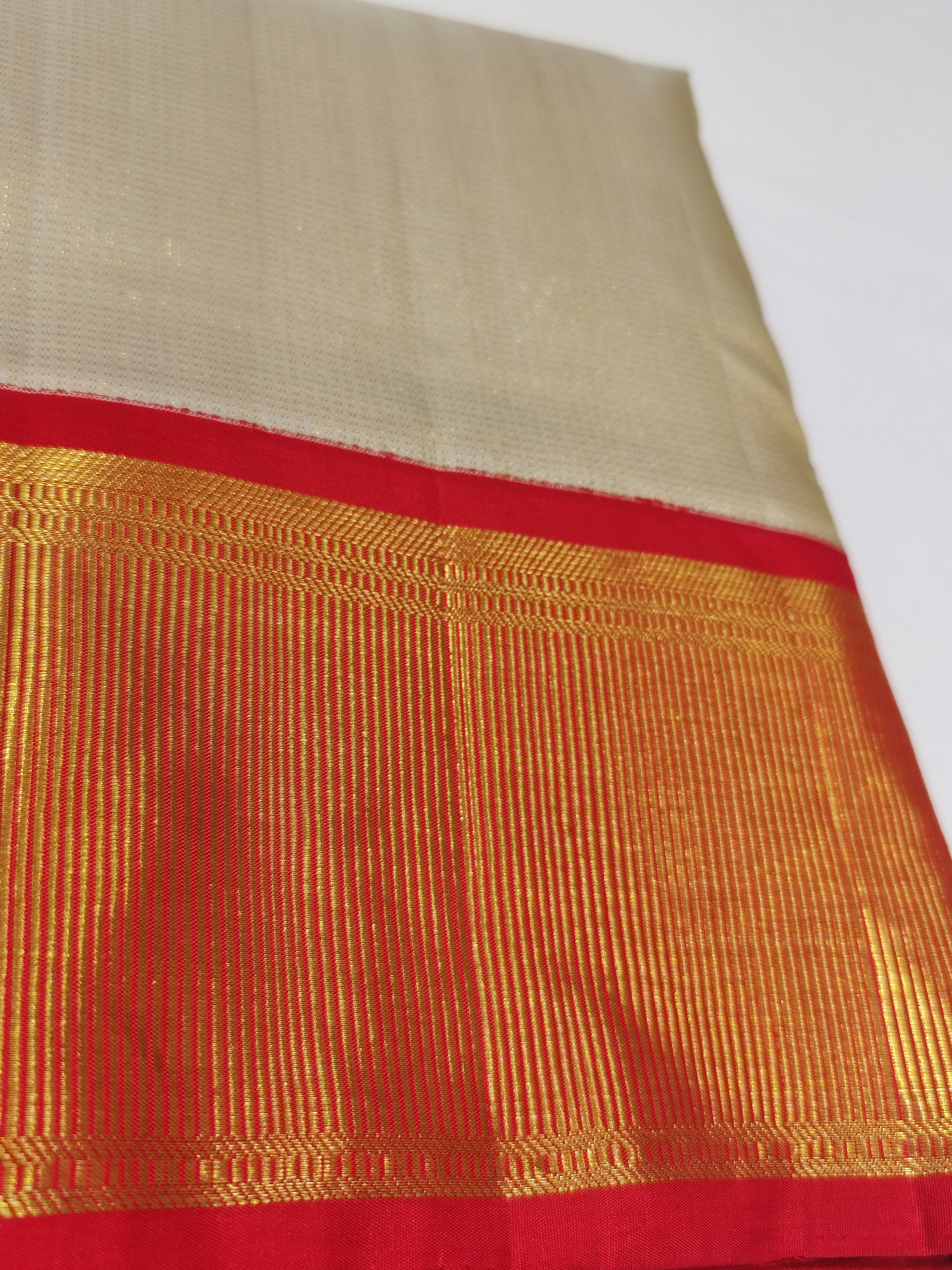 "Pure Cream Kanjivaram Silk Dhoti with Red & Gold Zari Work Border + Shirt Piece – Wedding Collection"